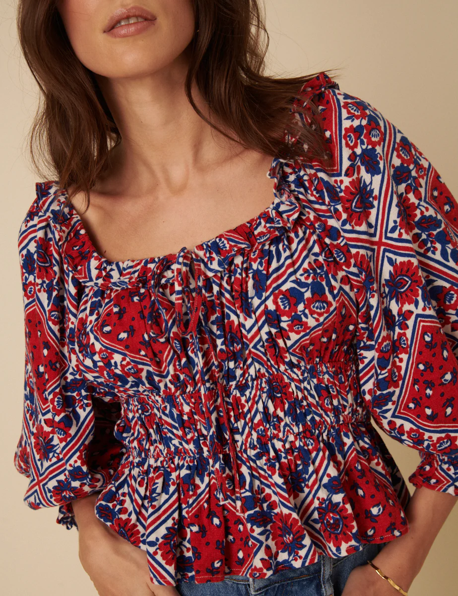 Red And Blue Linen-Blend Tile Print Blouse - Image 2