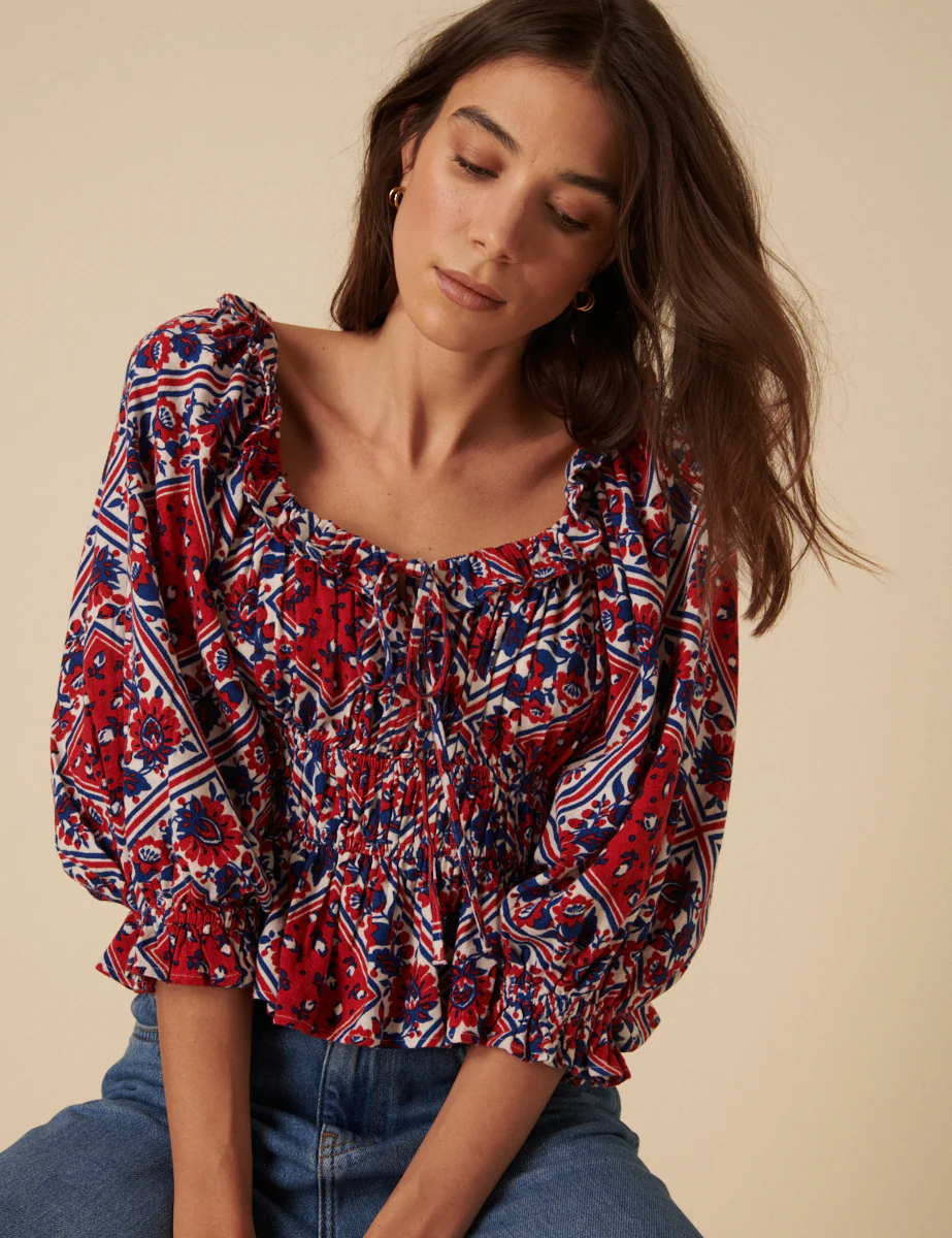 Red And Blue Linen-Blend Tile Print Blouse - Image 3