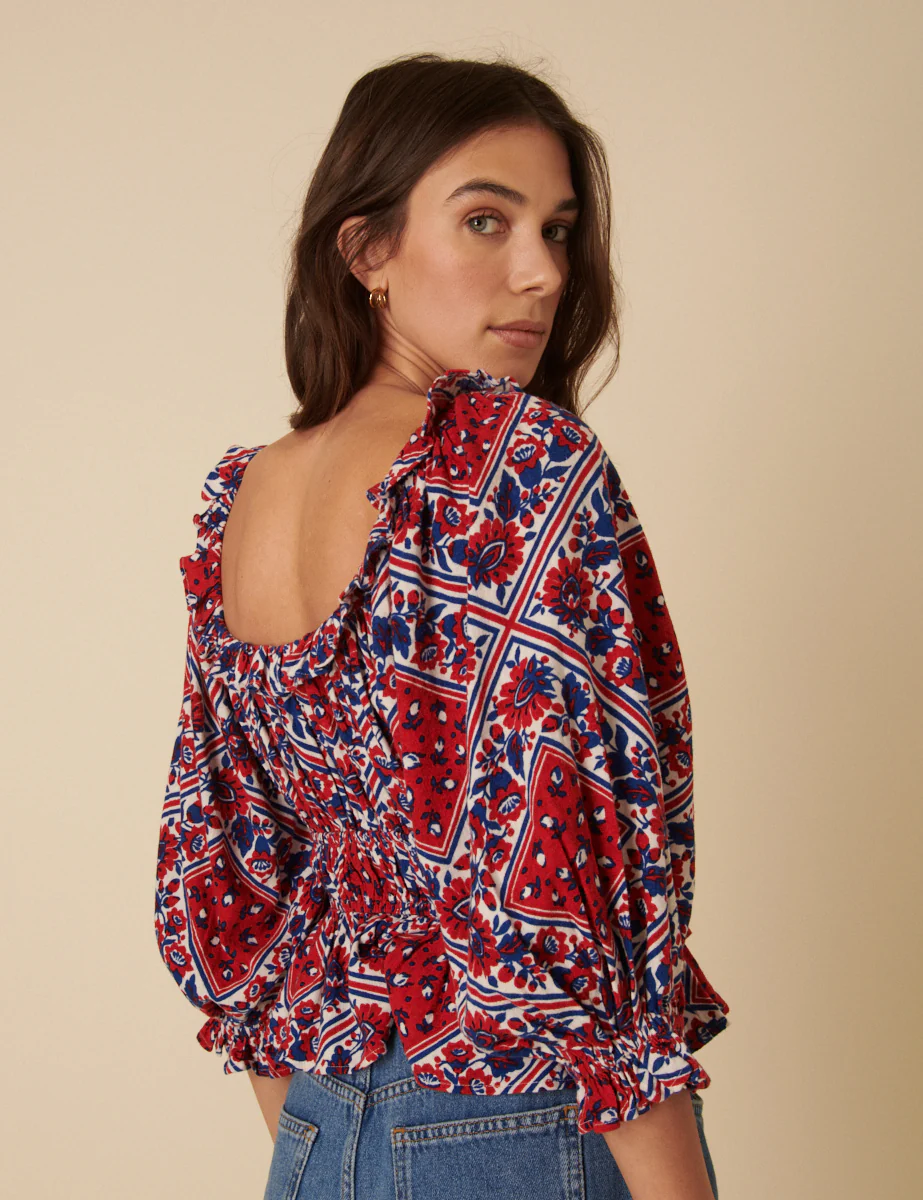 Red And Blue Linen-Blend Tile Print Blouse - Image 4