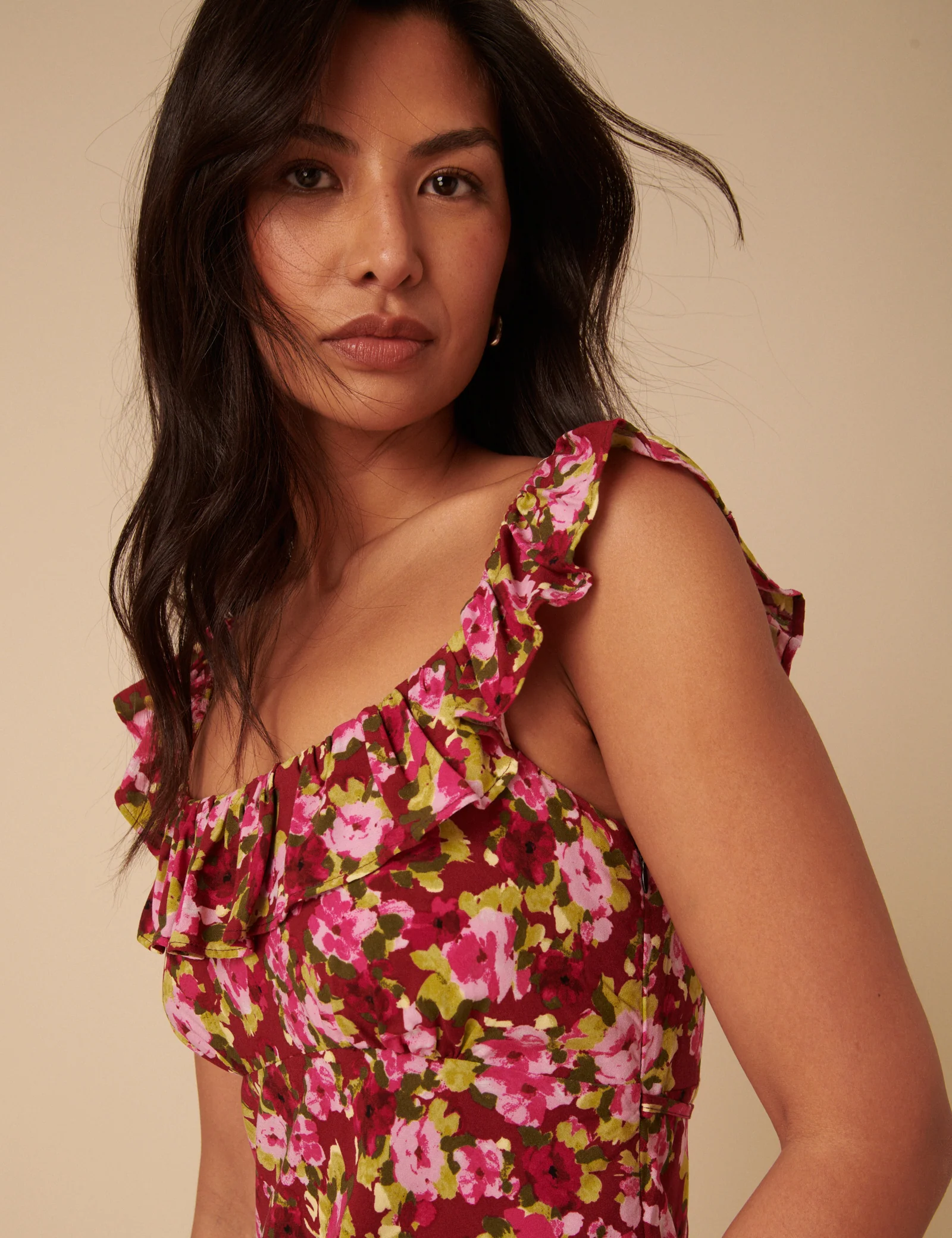 Red And Pink Floral Ruffle Trim Libby Midi Dress - Image 2