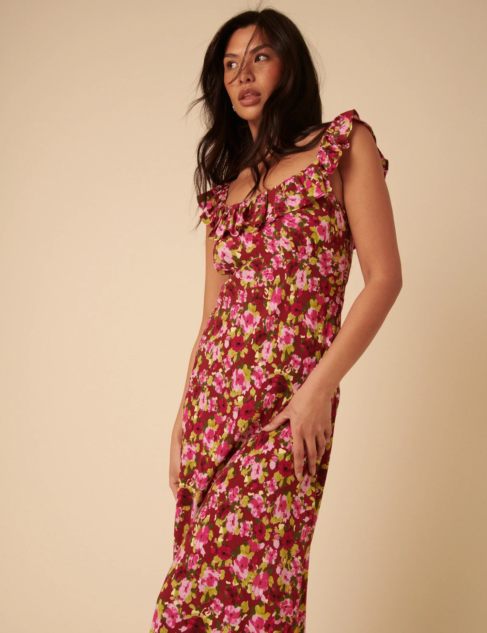 Red And Pink Floral Ruffle Trim Libby Midi Dress - Image 4
