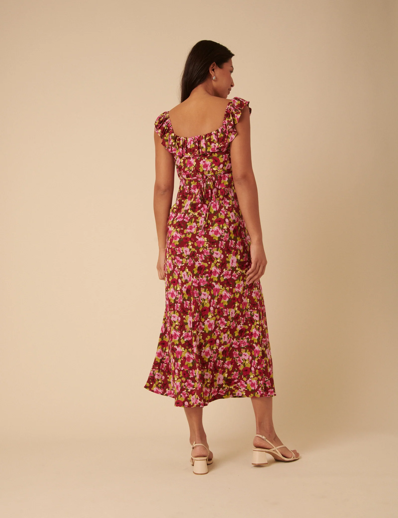 Red And Pink Floral Ruffle Trim Libby Midi Dress - Image 5