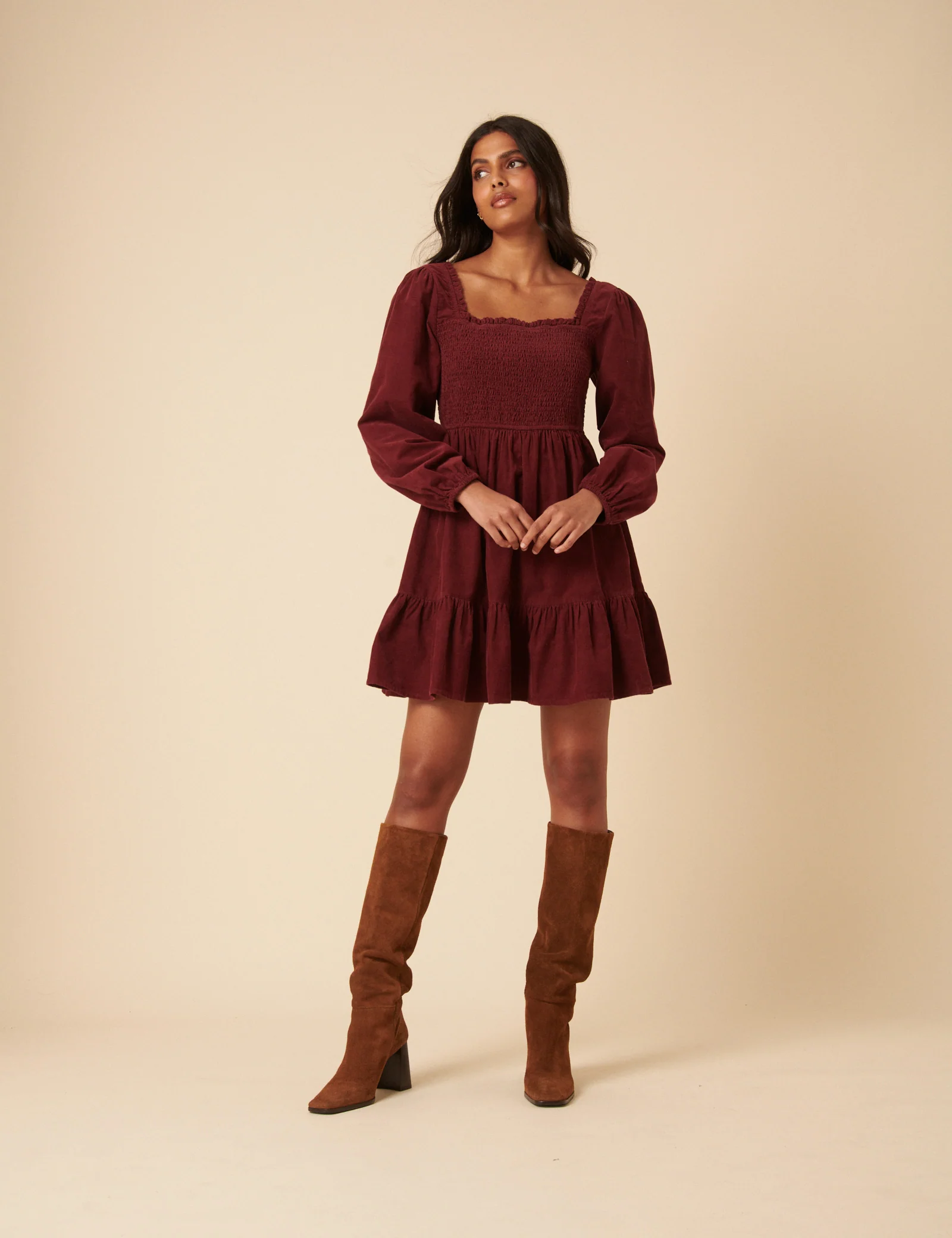 Burgundy Balloon Sleeve Cord Tiered Elsa Mini Dress - Image 2