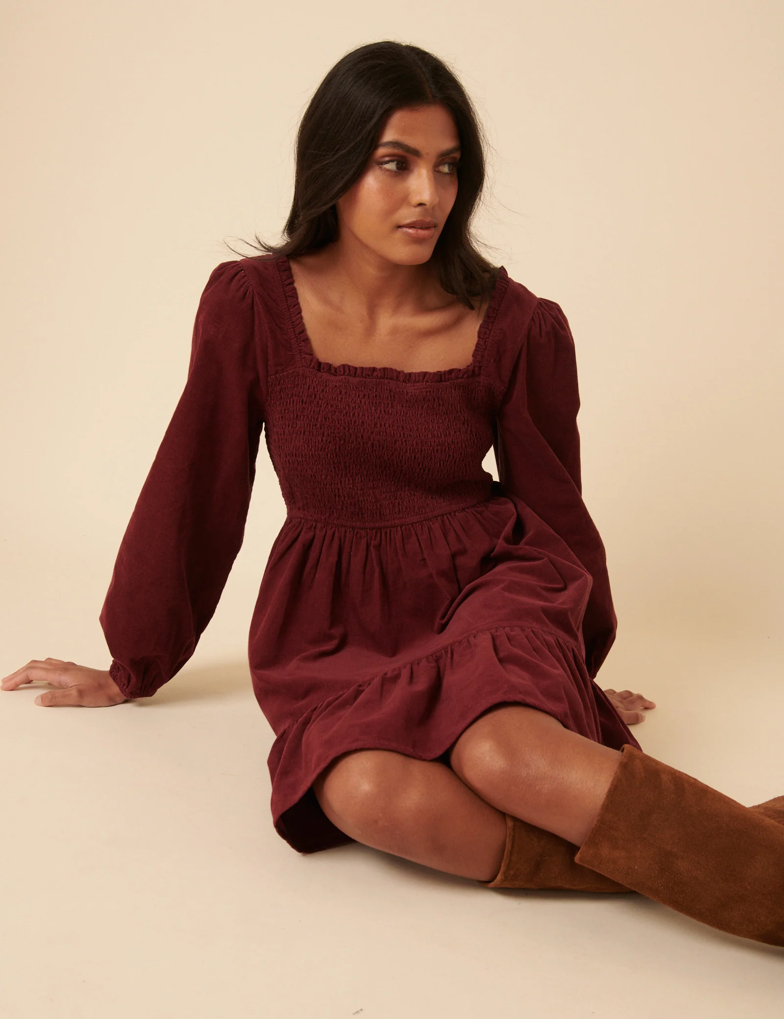 Burgundy Balloon Sleeve Cord Tiered Elsa Mini Dress - Image 3