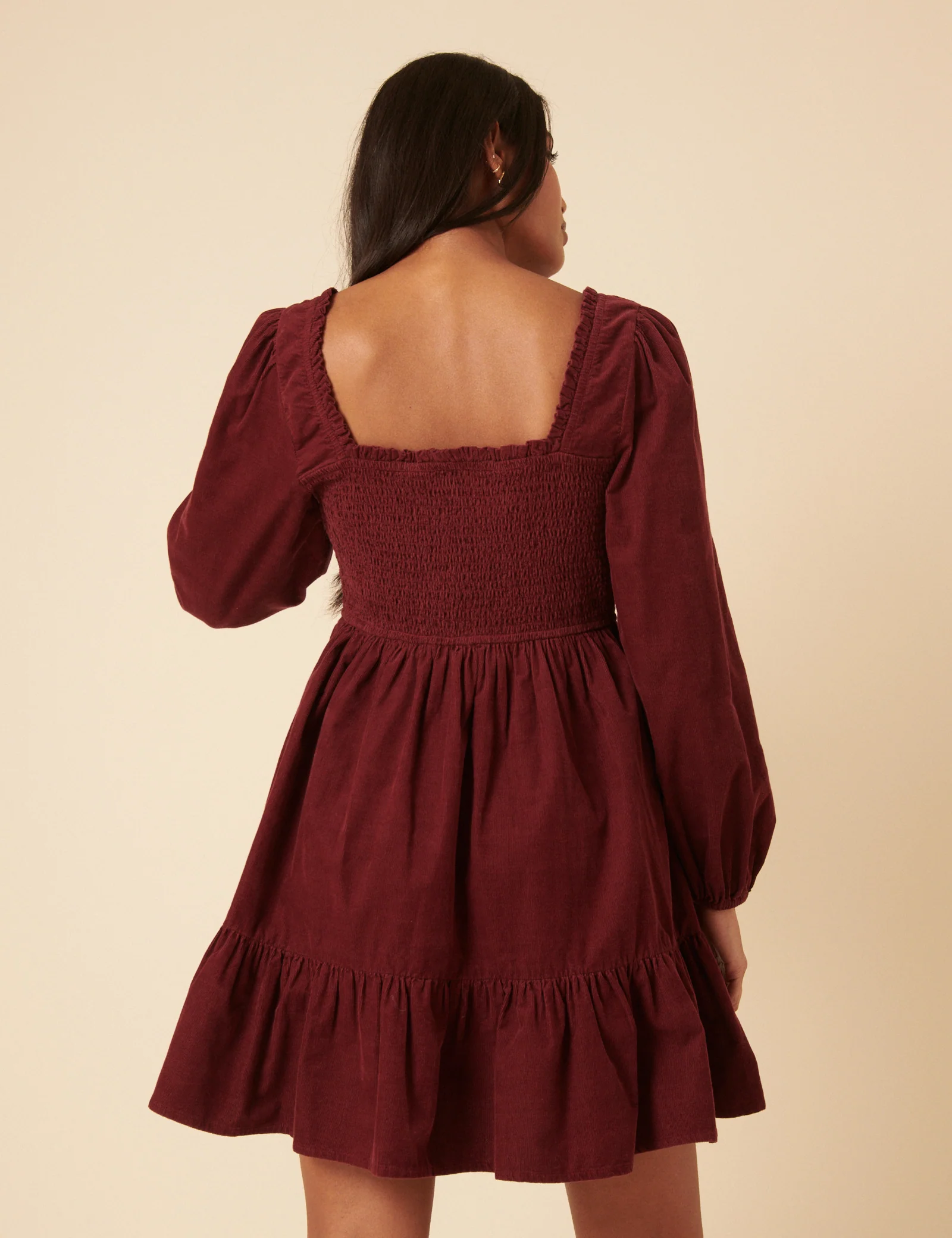 Burgundy Balloon Sleeve Cord Tiered Elsa Mini Dress - Image 4