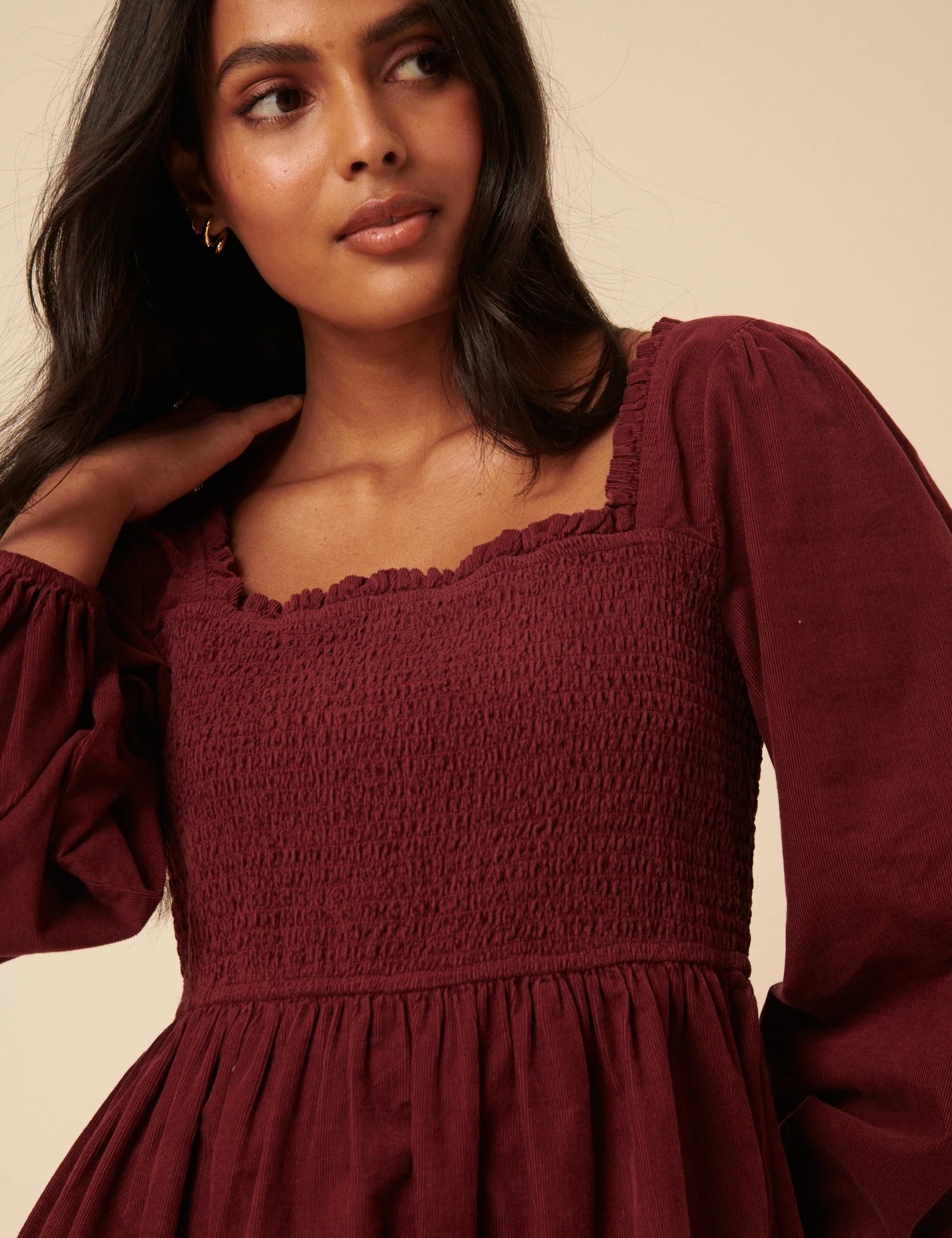 Burgundy Balloon Sleeve Cord Tiered Elsa Mini Dress - Image 5