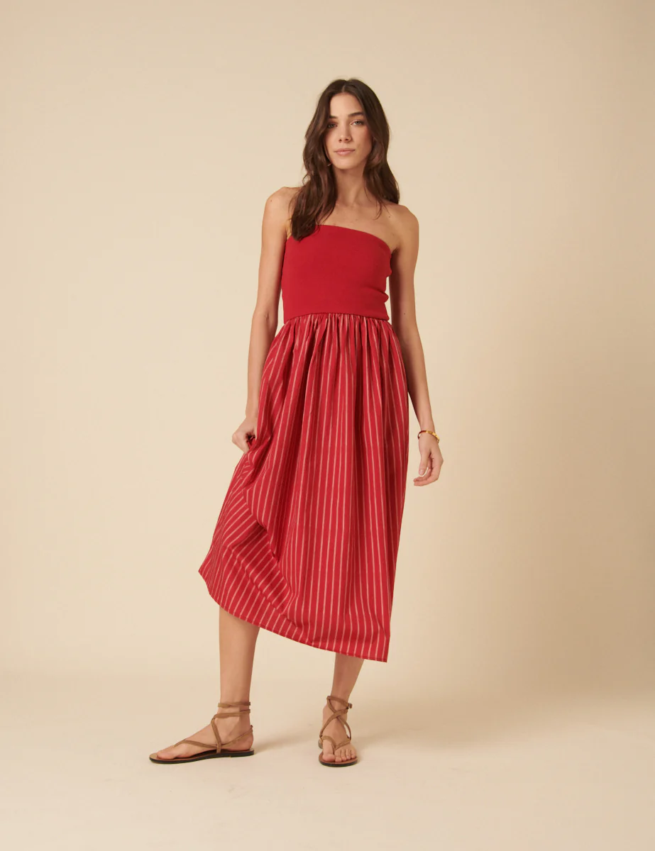 Red Bandeau Pinstripe Midi Dress - Image 3