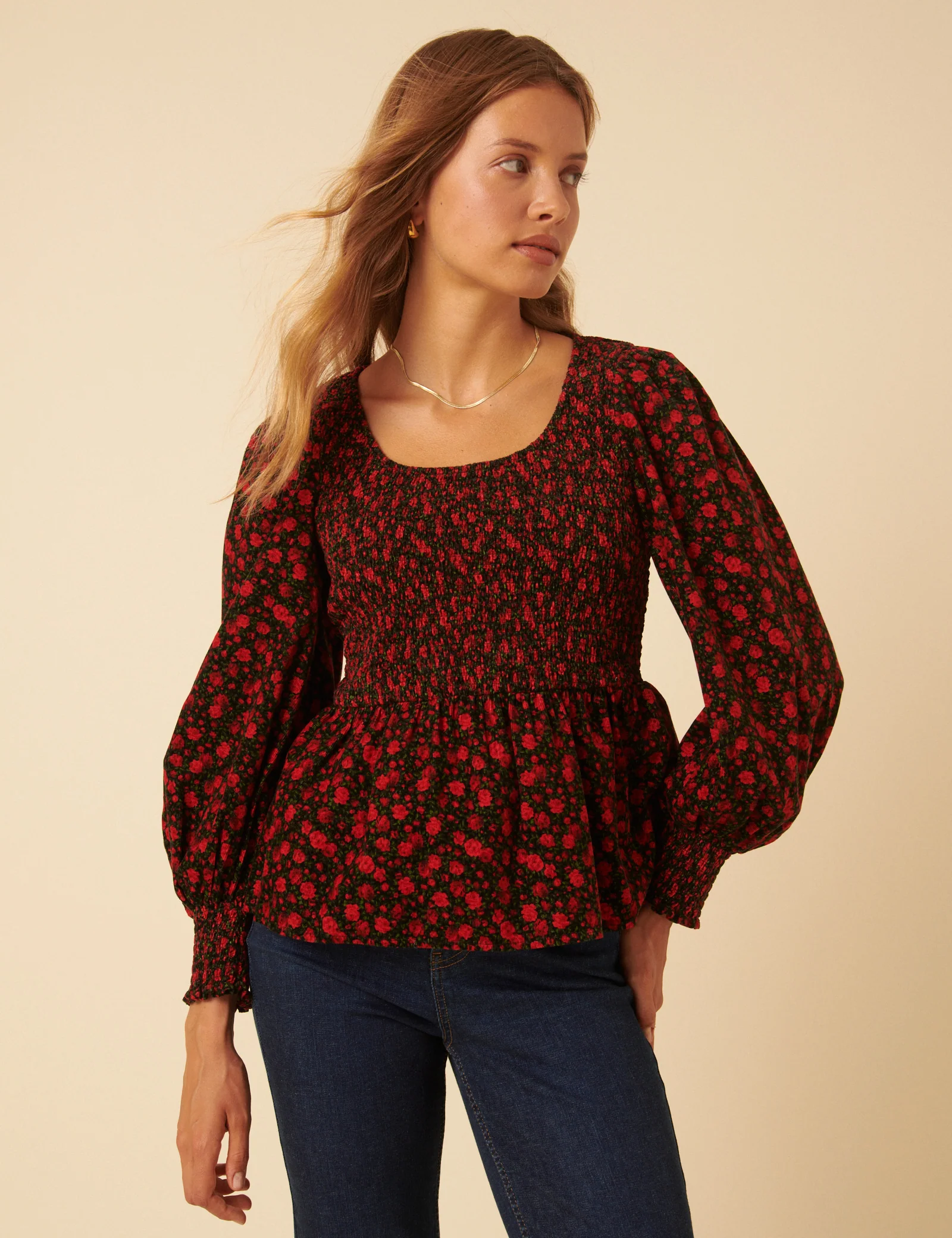 Red Floral Shirred Balloon Sleeve Top - Image 2