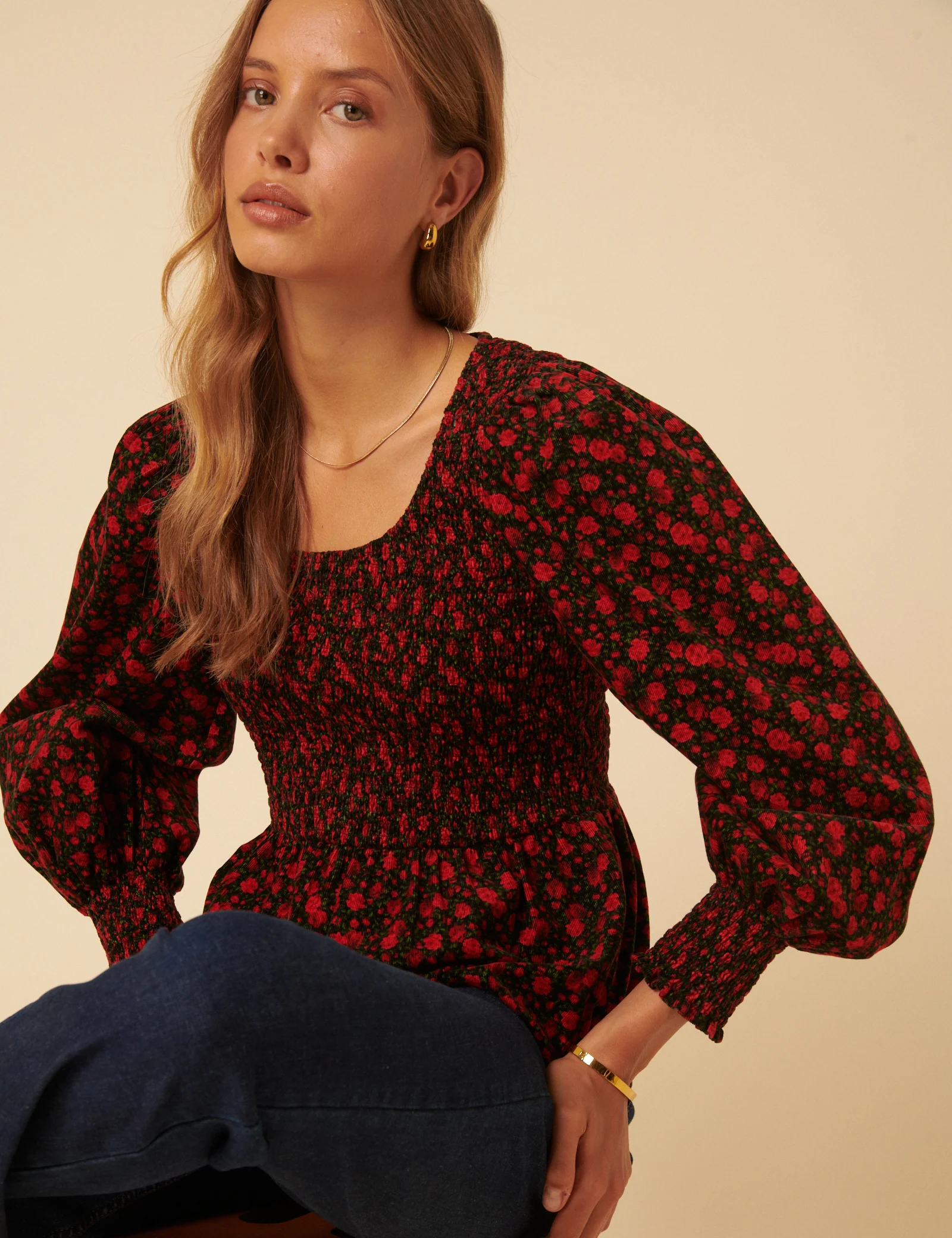 Red Floral Shirred Balloon Sleeve Top - Image 3