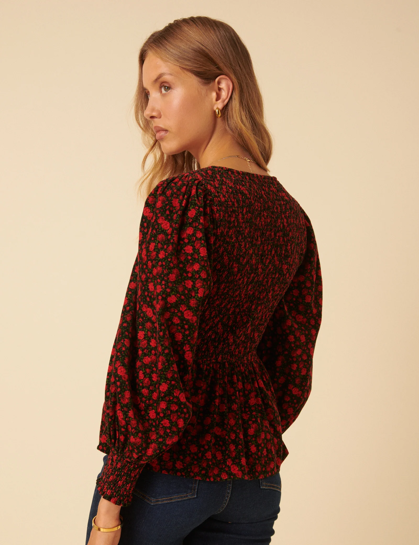 Red Floral Shirred Balloon Sleeve Top - Image 4