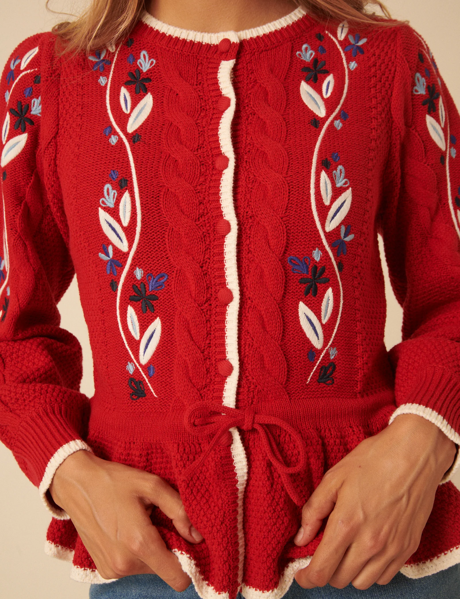 Red Floral Embroidered Cardigan - Image 4