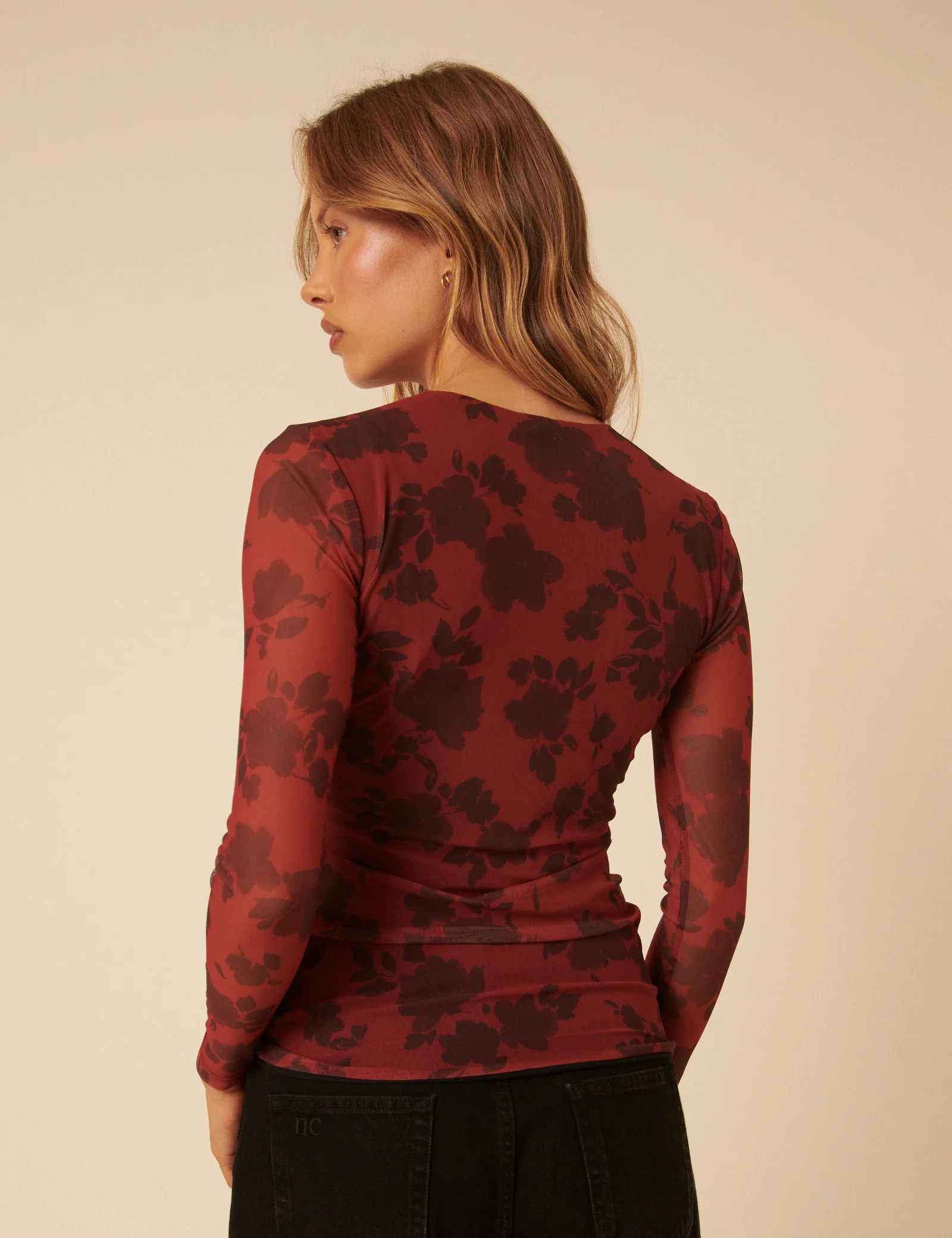 Red Floral Mesh Long Sleeve Top - Image 4