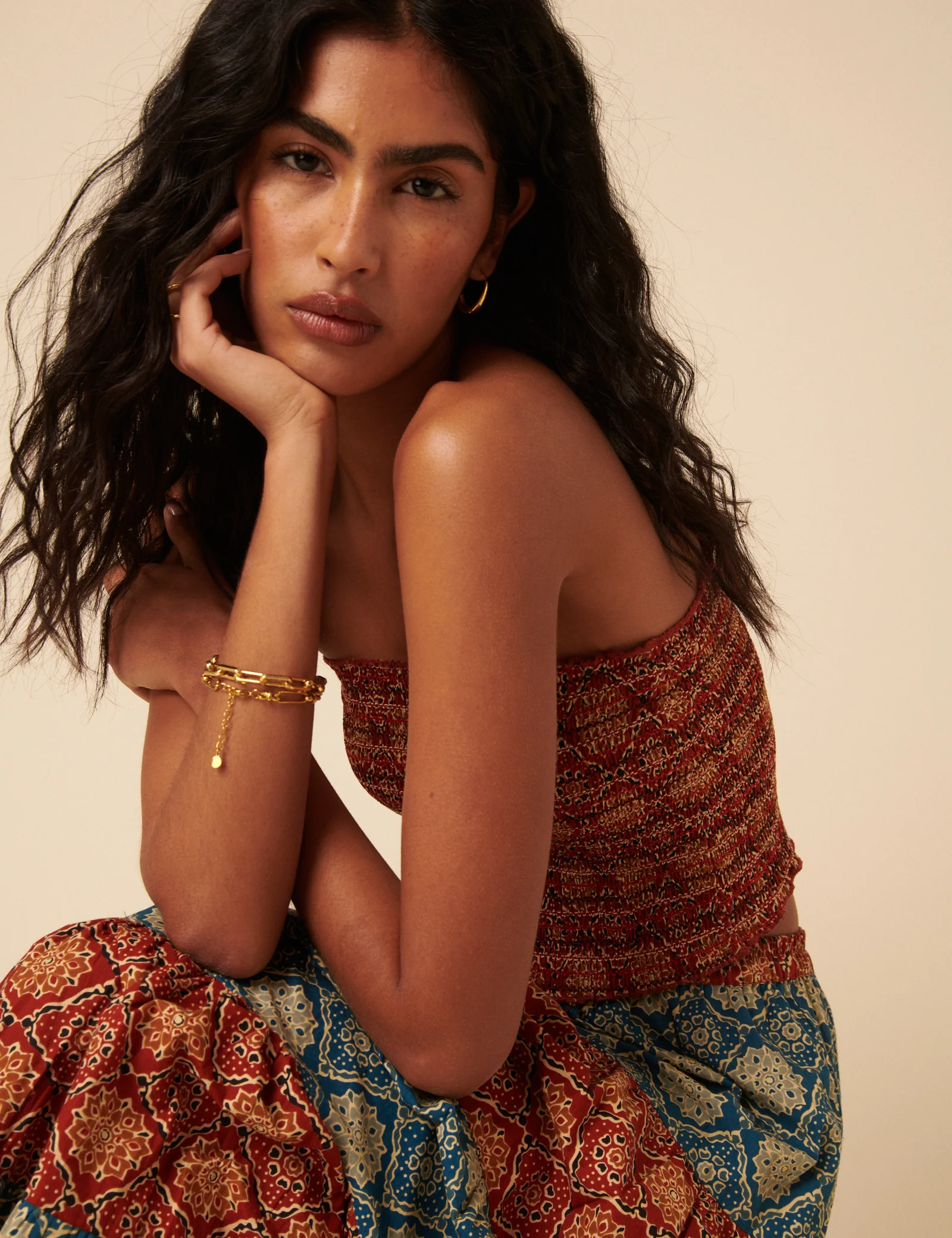 Red Tile Printed Shirred Bandeau Top - Image 3