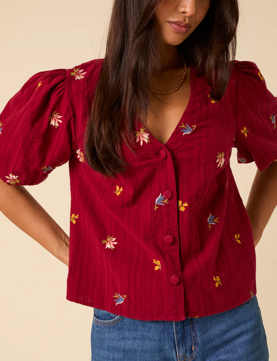 Red Embroidered Puff Sleeve Top - Image 3