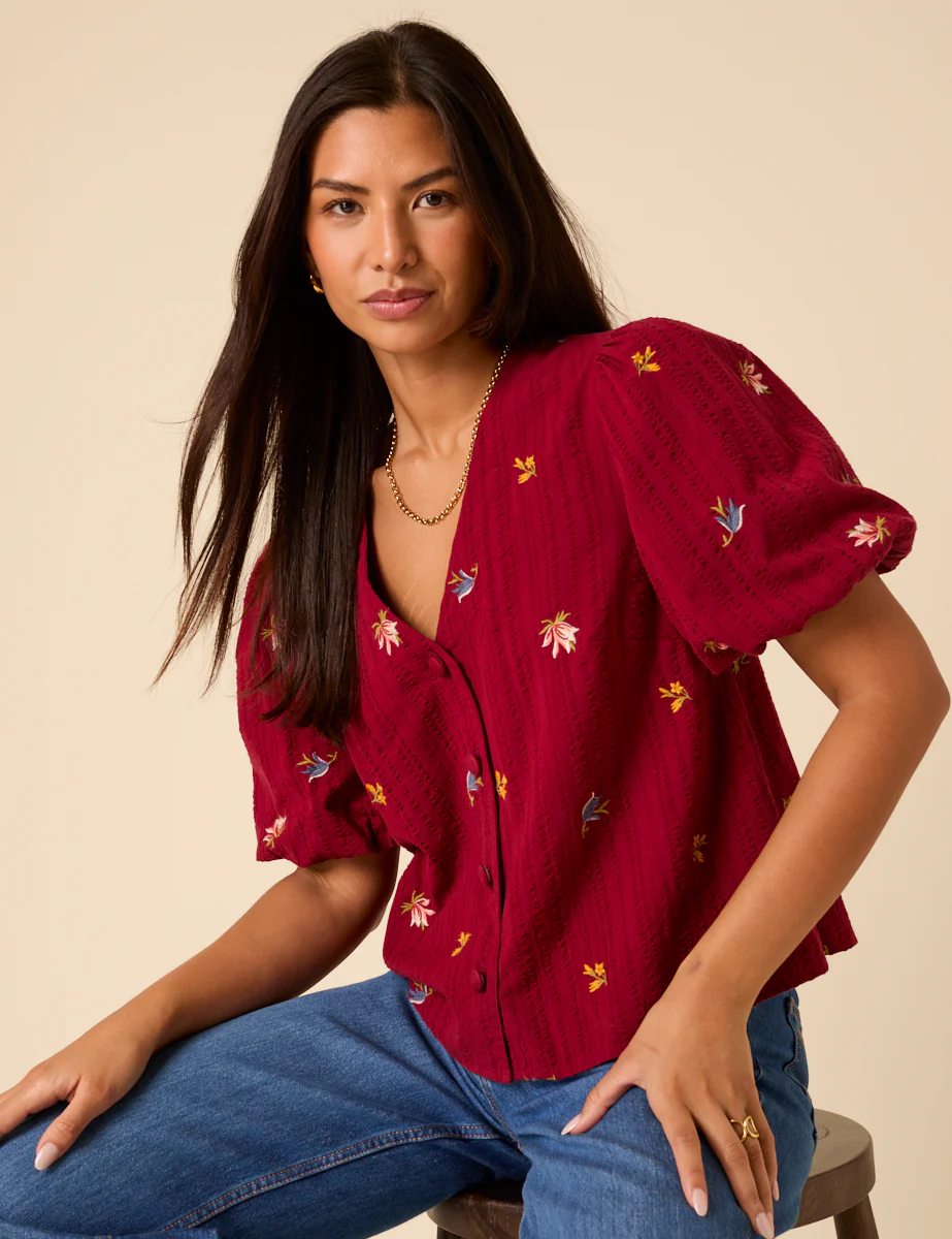 Red Embroidered Puff Sleeve Top - Image 4