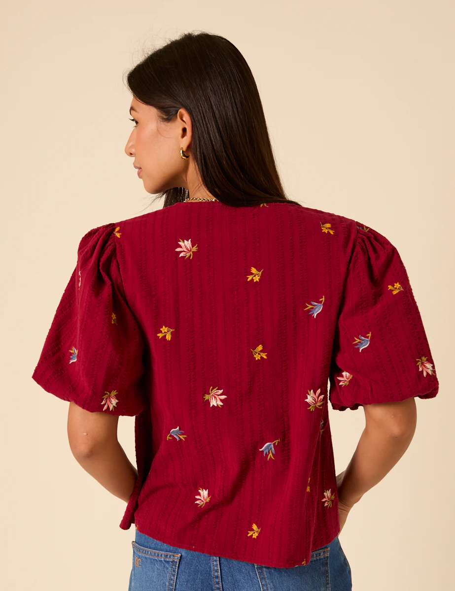 Red Embroidered Puff Sleeve Top - Image 5