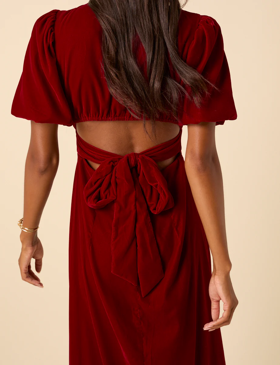 Red Velvet Puff Sleeve Zoi Midi Dress - Image 3