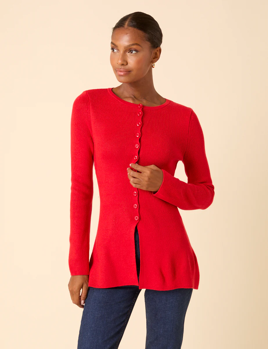 Red Ribbed Longline Cardigan