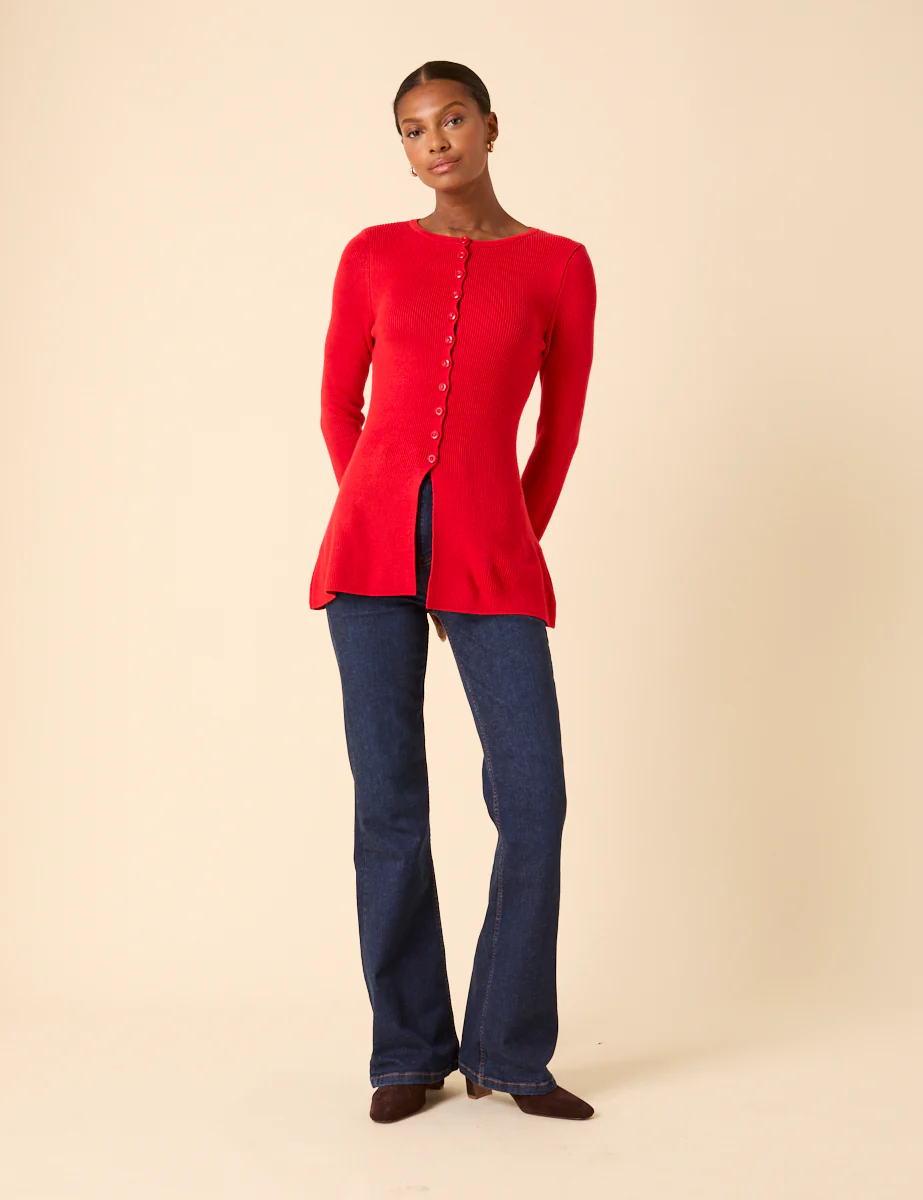 Red Ribbed Longline Cardigan - Image 2