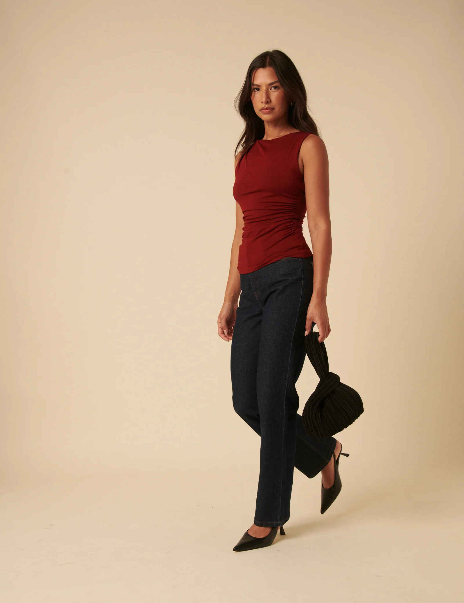 Red Ruched Sleeveless Jersey Top - Image 4
