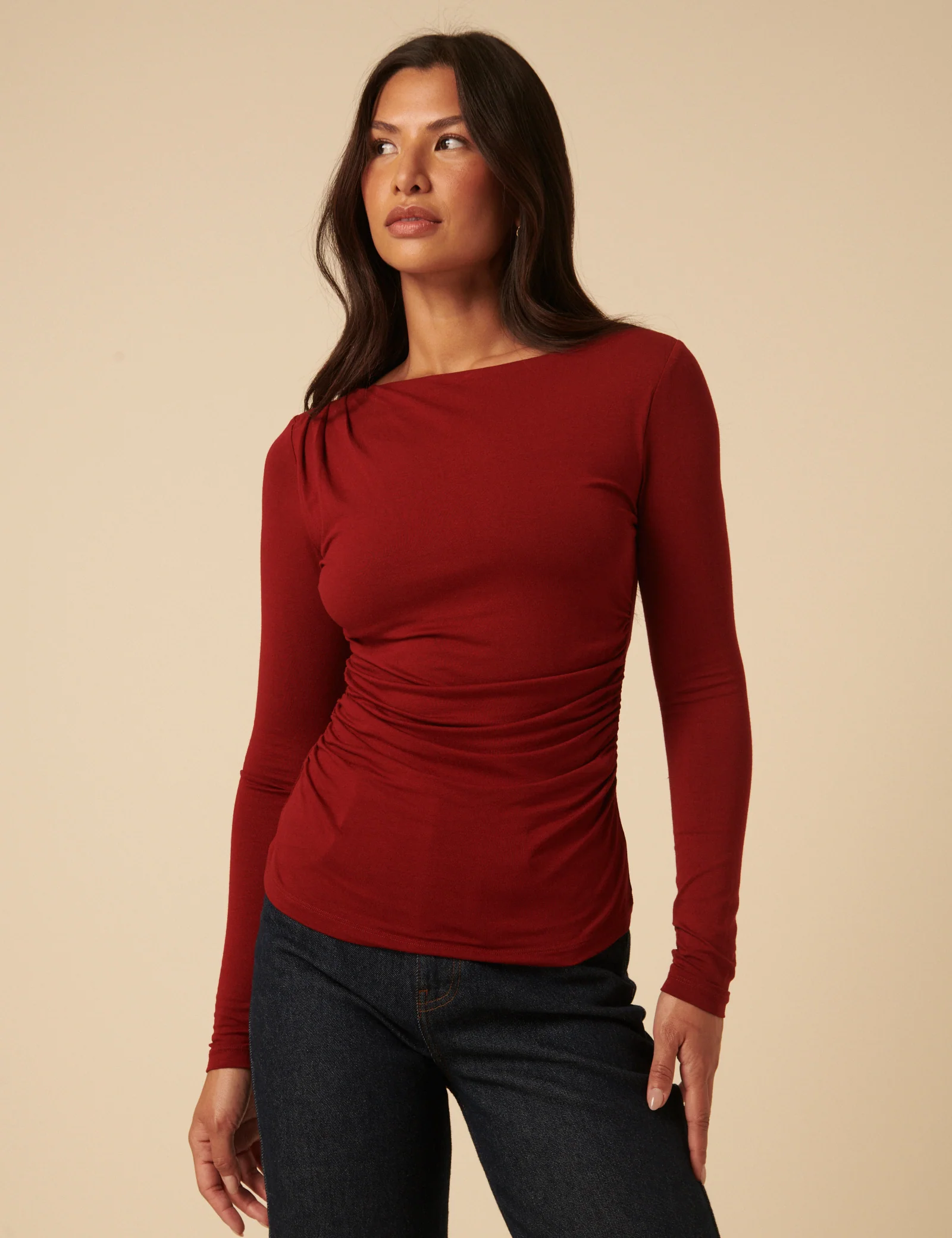 Red Ruched Long Sleeve Jersey Top - Image 4