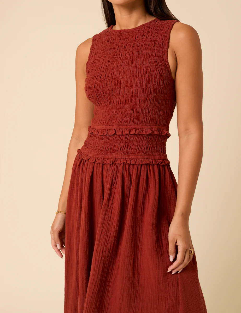 Red Shirred Bodice Ingrid Midi Dress - Image 2