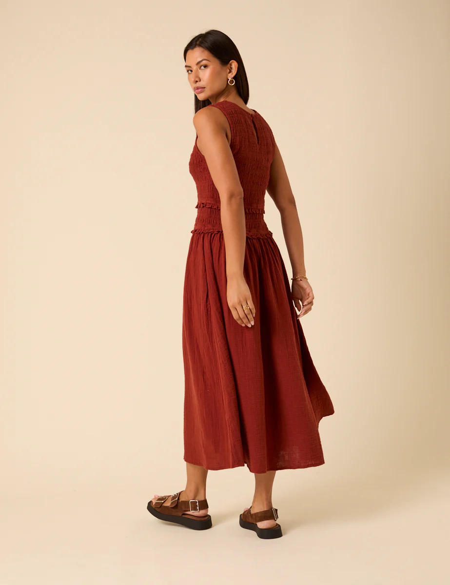 Red Shirred Bodice Ingrid Midi Dress - Image 4