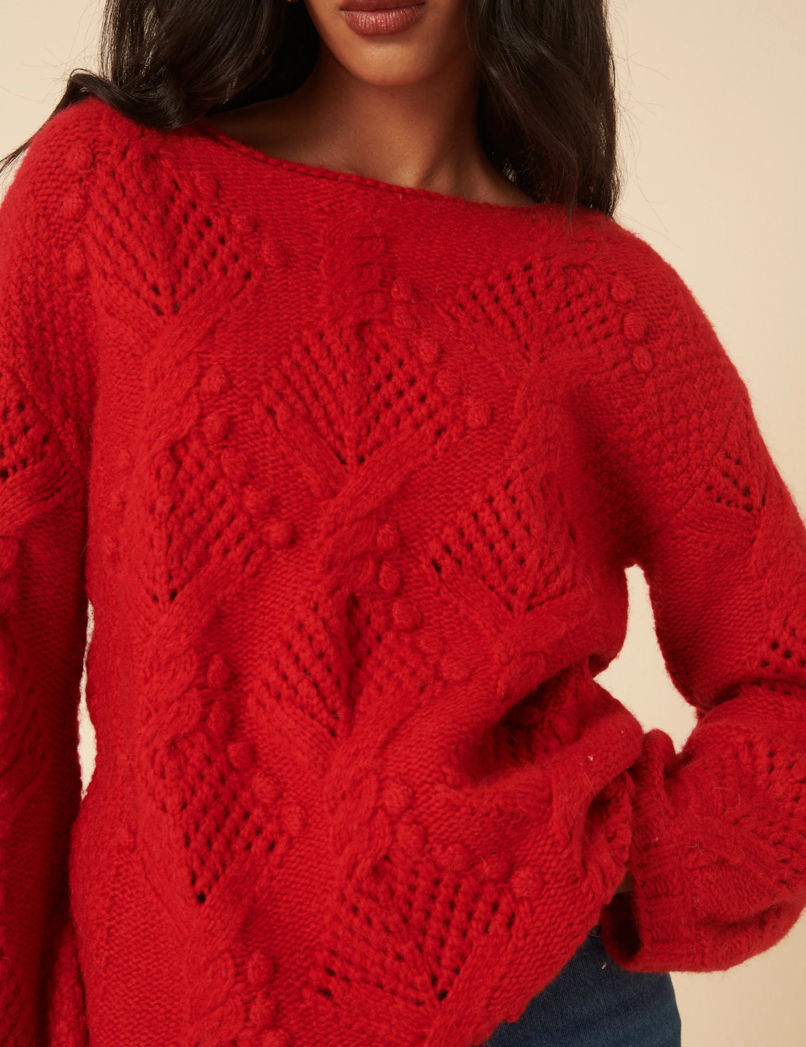 Red Slash Neck Bobble Stitch Oversized Jumper - Image 2