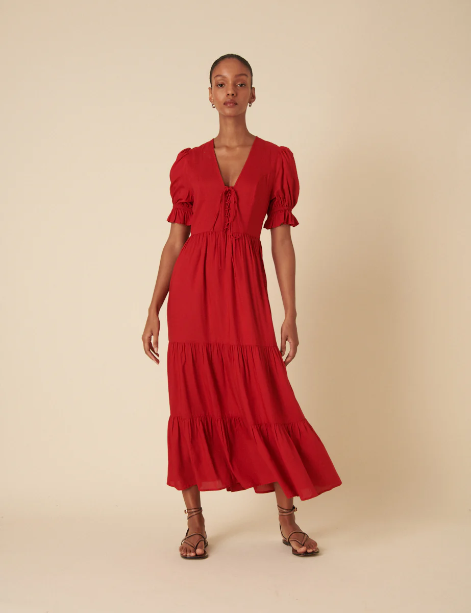 Red Tie Front Tiered Lia Midi Dress - Image 3