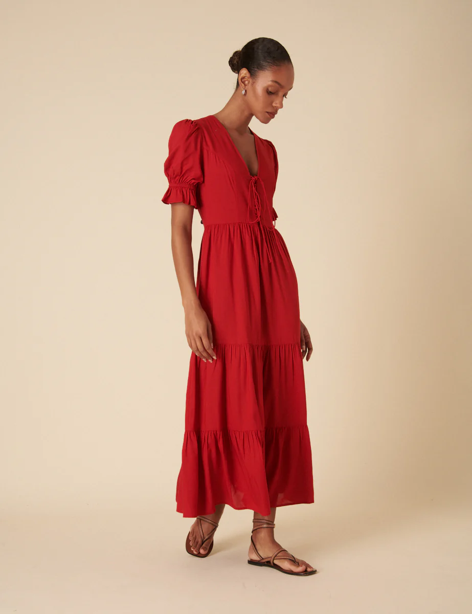 Red Tie Front Tiered Lia Midi Dress - Image 4