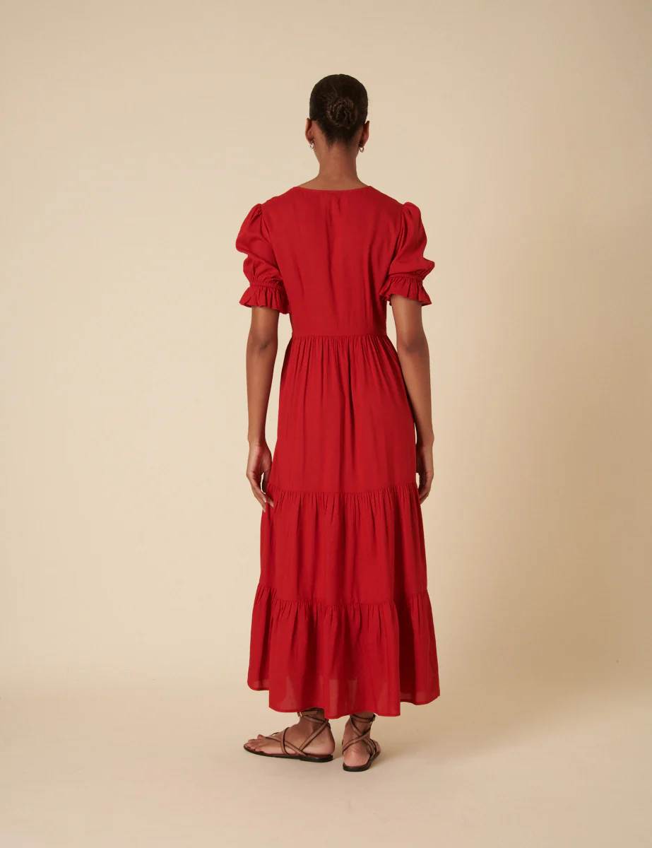 Red Tie Front Tiered Lia Midi Dress - Image 5