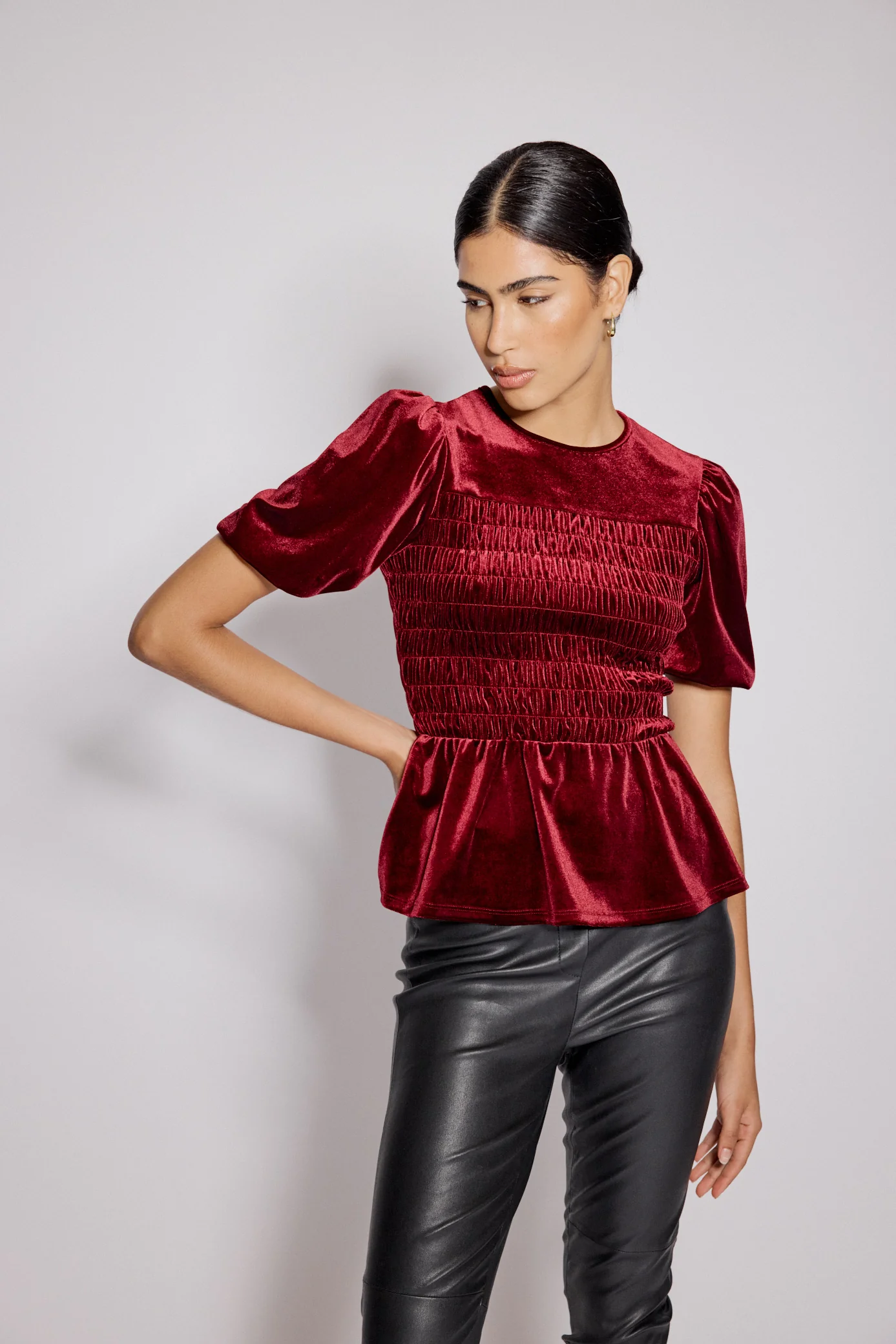 Red Velvet Puff Sleeve Peplum Top - Image 2