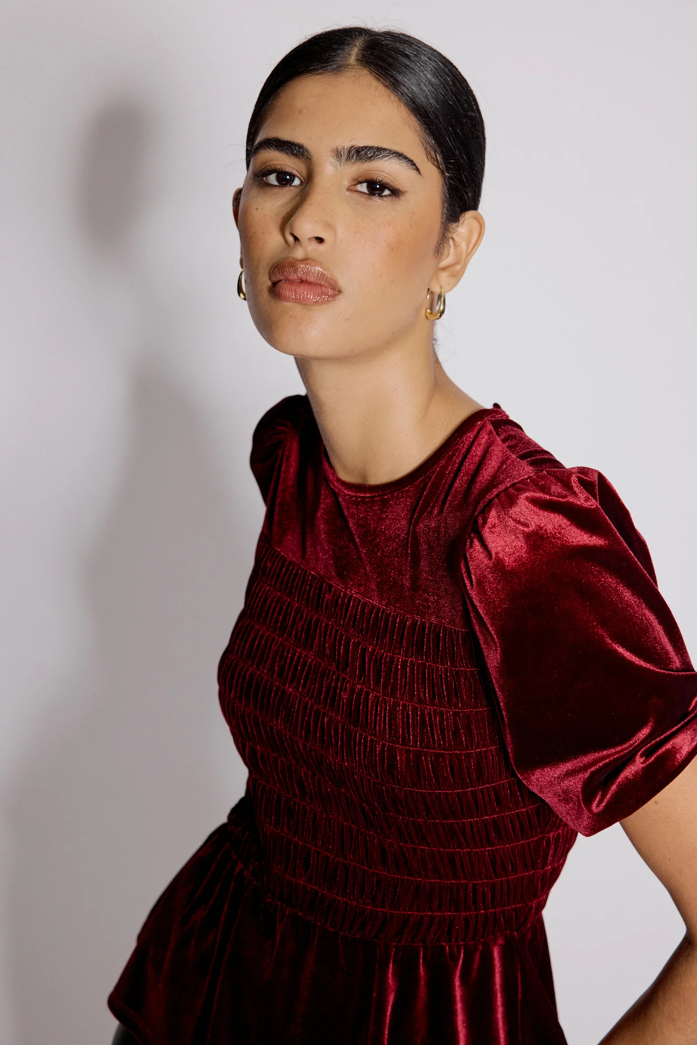 Red Velvet Puff Sleeve Peplum Top - Image 3