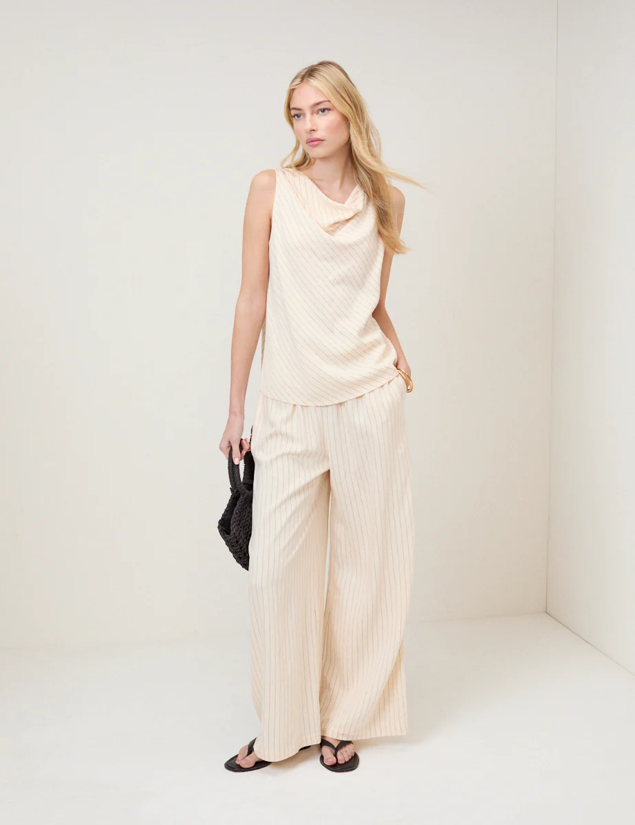 Cream Pinstripe Draped Sleeveless Top - Image 3