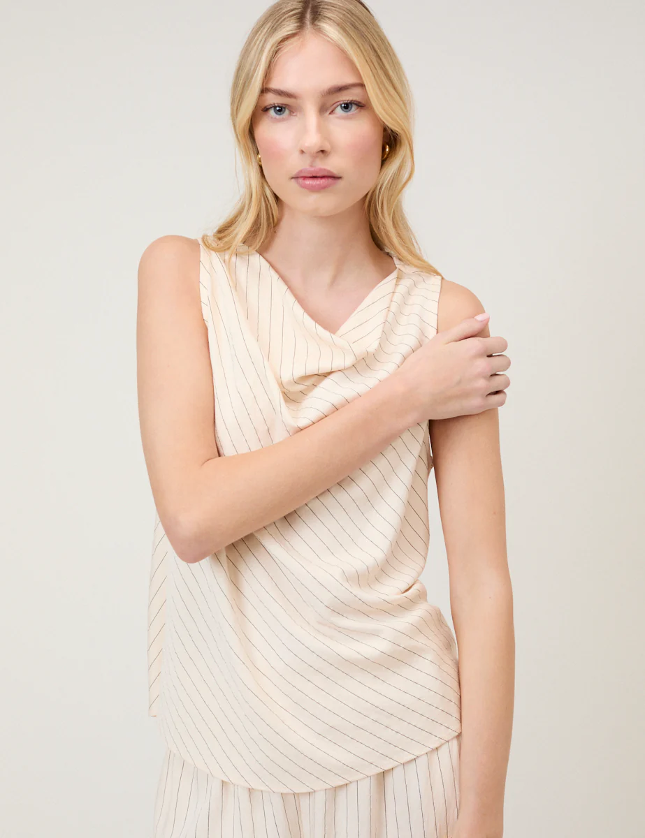 Cream Pinstripe Draped Sleeveless Top - Image 5