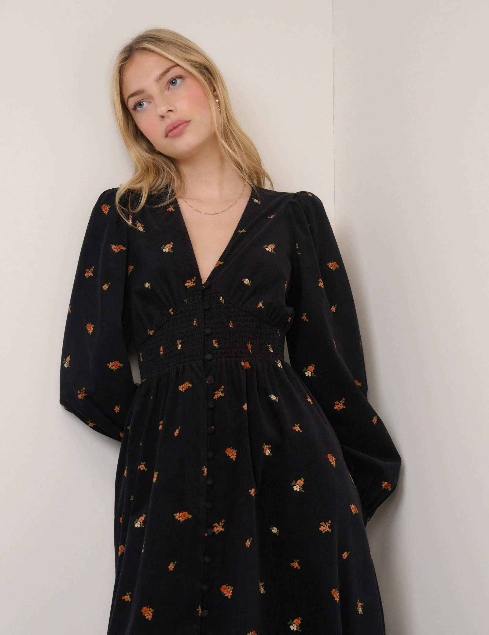 Black Cord Floral Riley Shirred Waist Midi Dress - Image 4