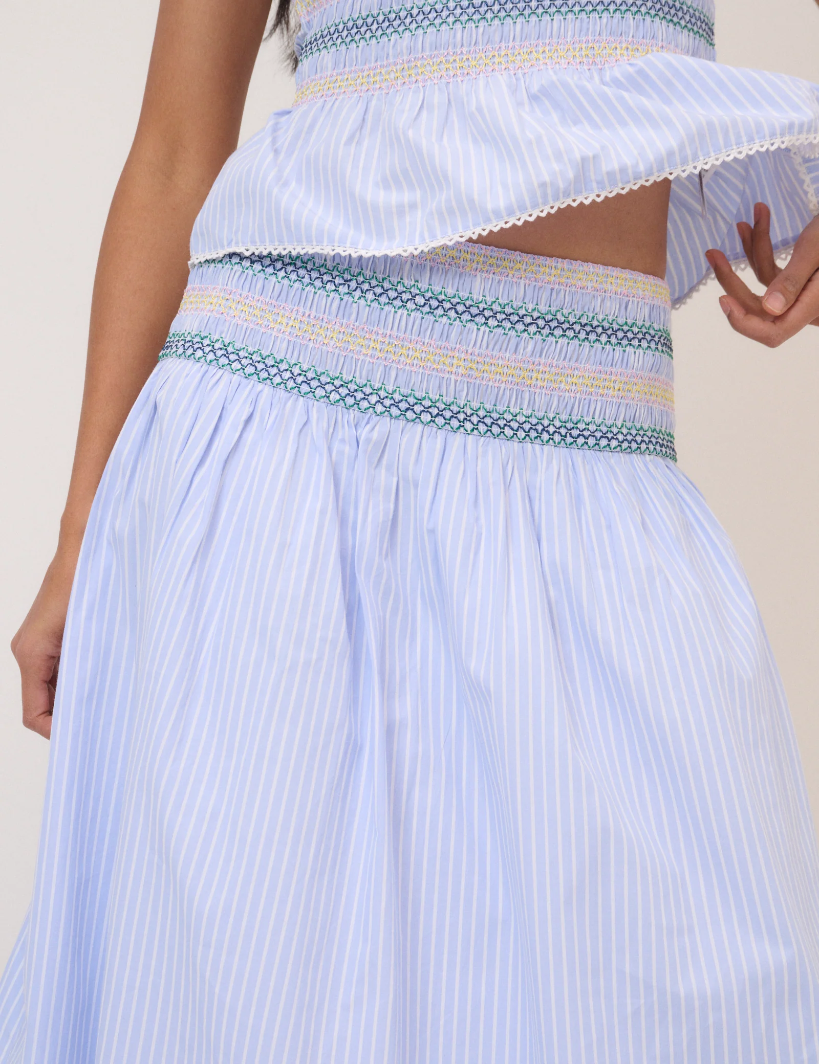 Blue Striped Shirred Waist Midi Skirt - Image 4