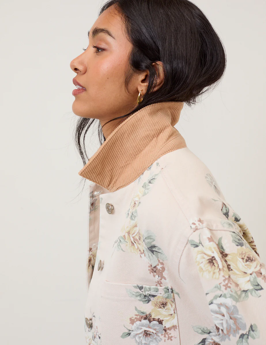 Light Pink Denim Floral Cord Collar Jacket - Image 2