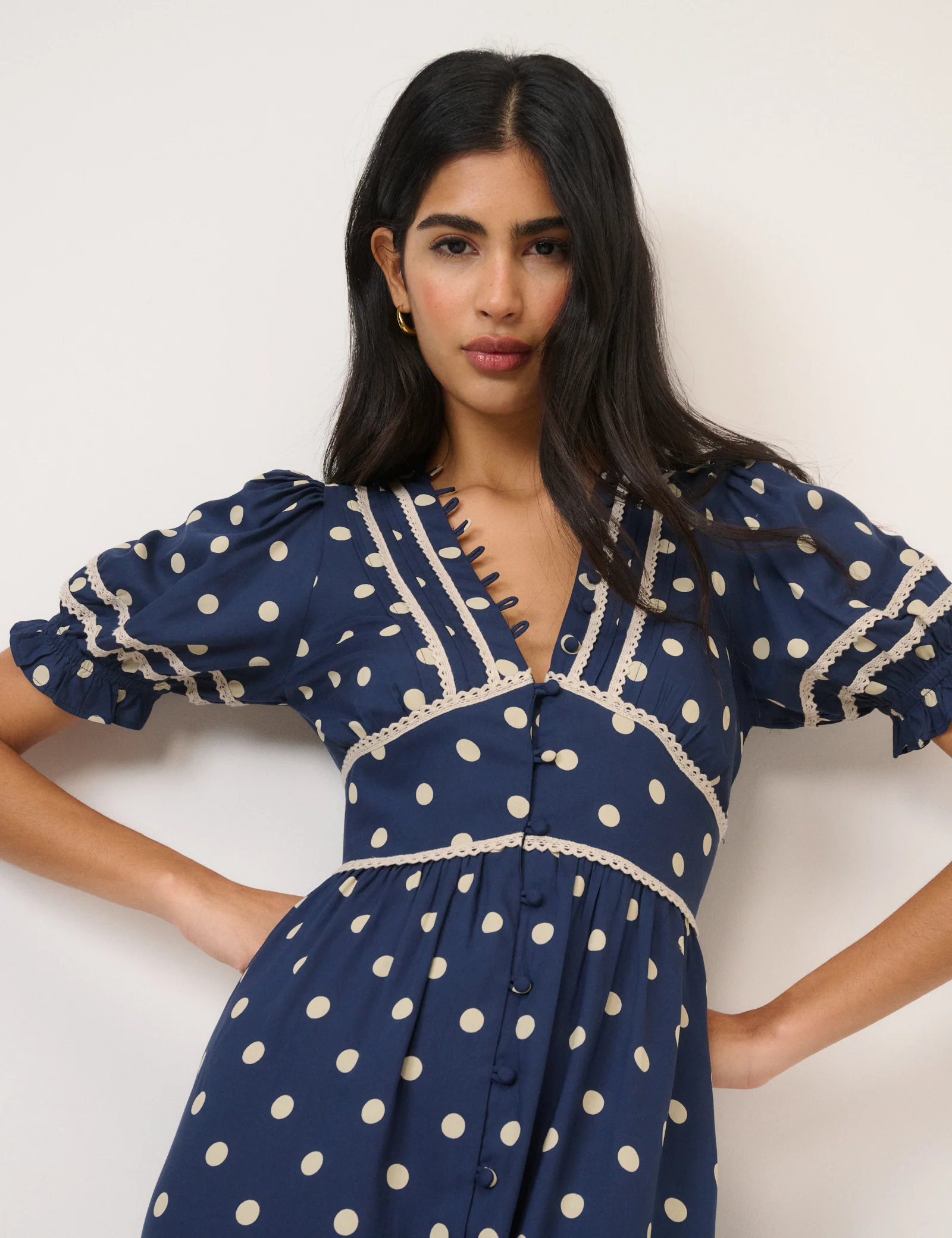 Navy Polka Dot Puff Sleeve Saffy Midi Dress - Image 4