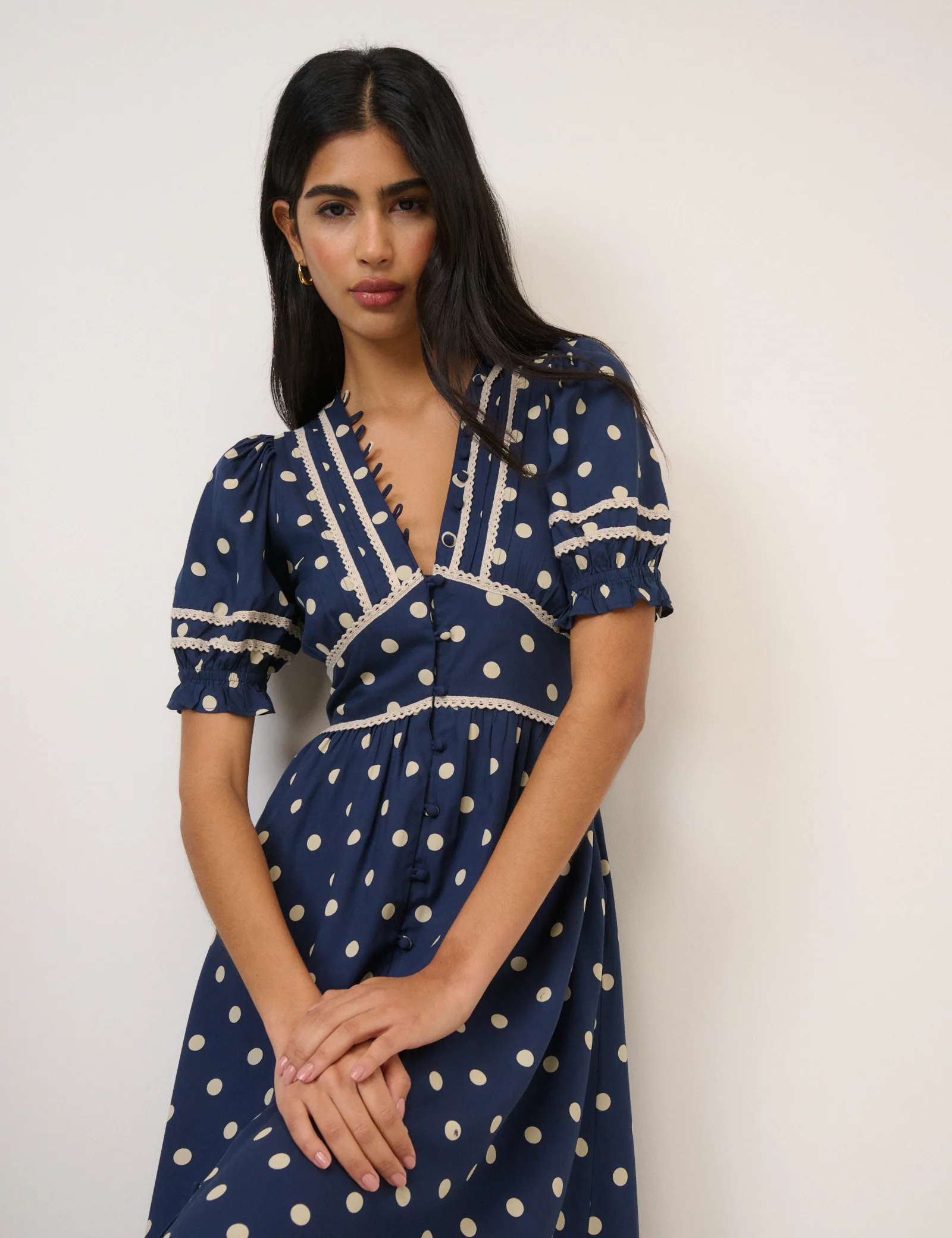 Navy Polka Dot Puff Sleeve Saffy Midi Dress - Image 5
