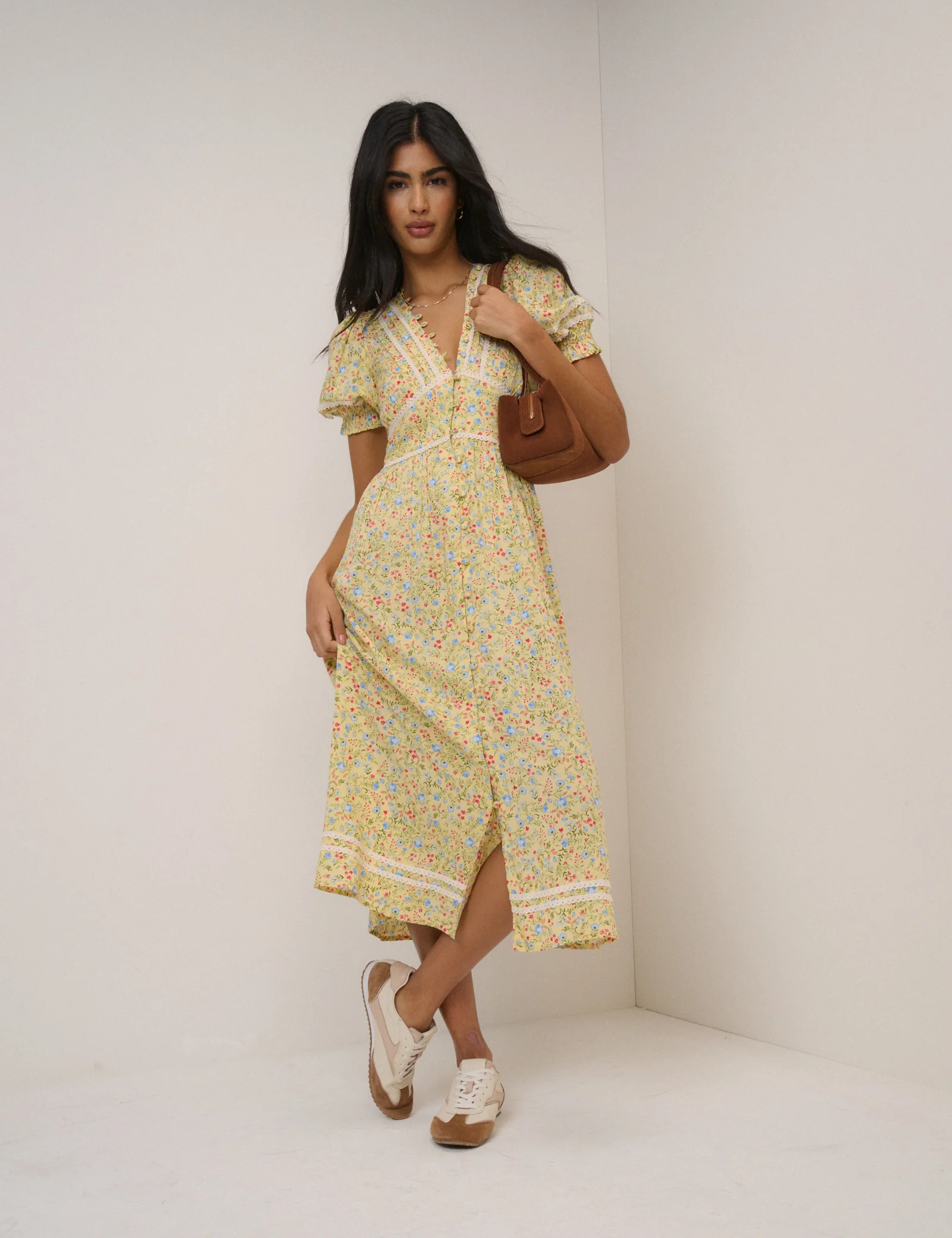 Yellow Ditsy Floral Puff Sleeve Saffy Midi Dress - Image 3