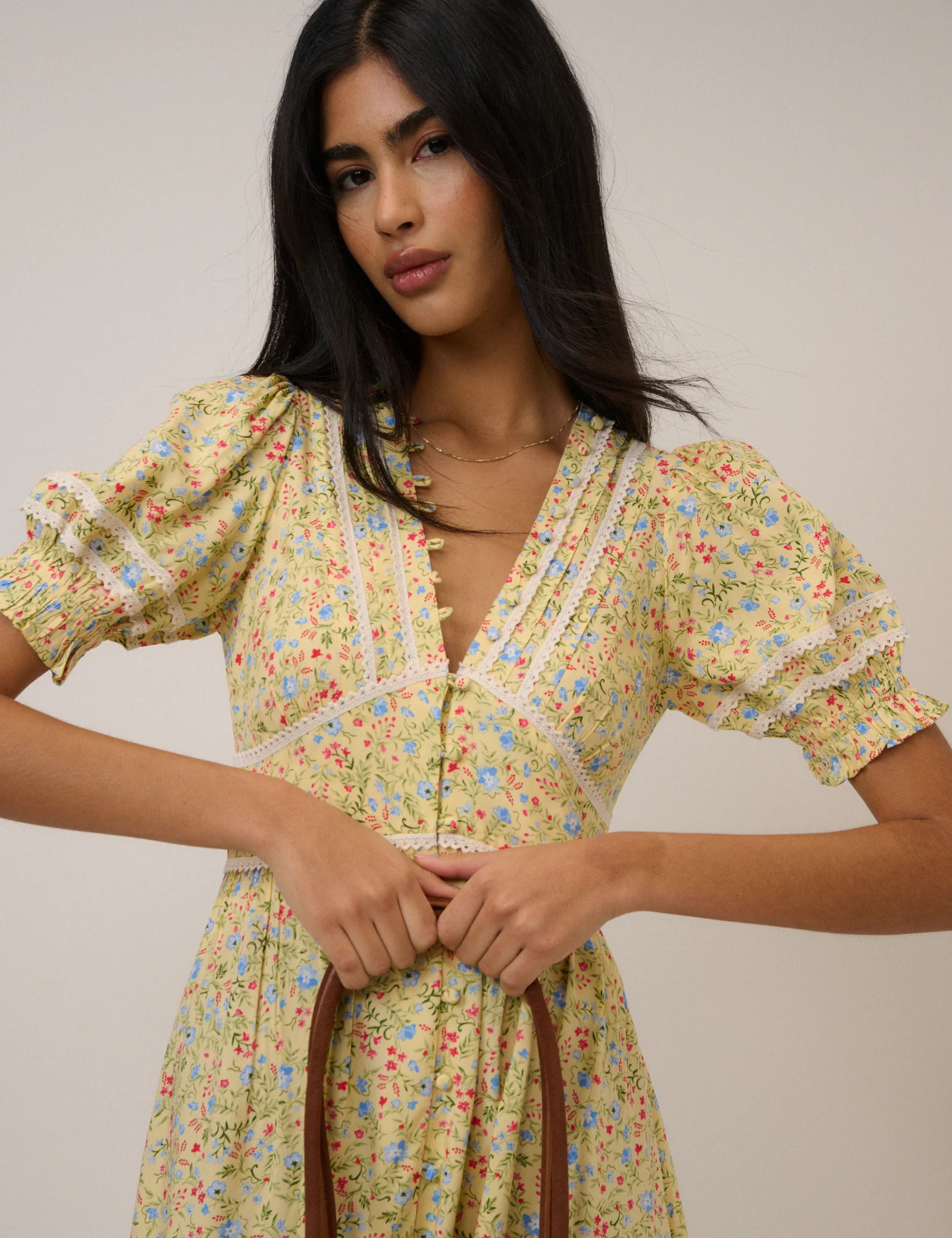Yellow Ditsy Floral Puff Sleeve Saffy Midi Dress - Image 4