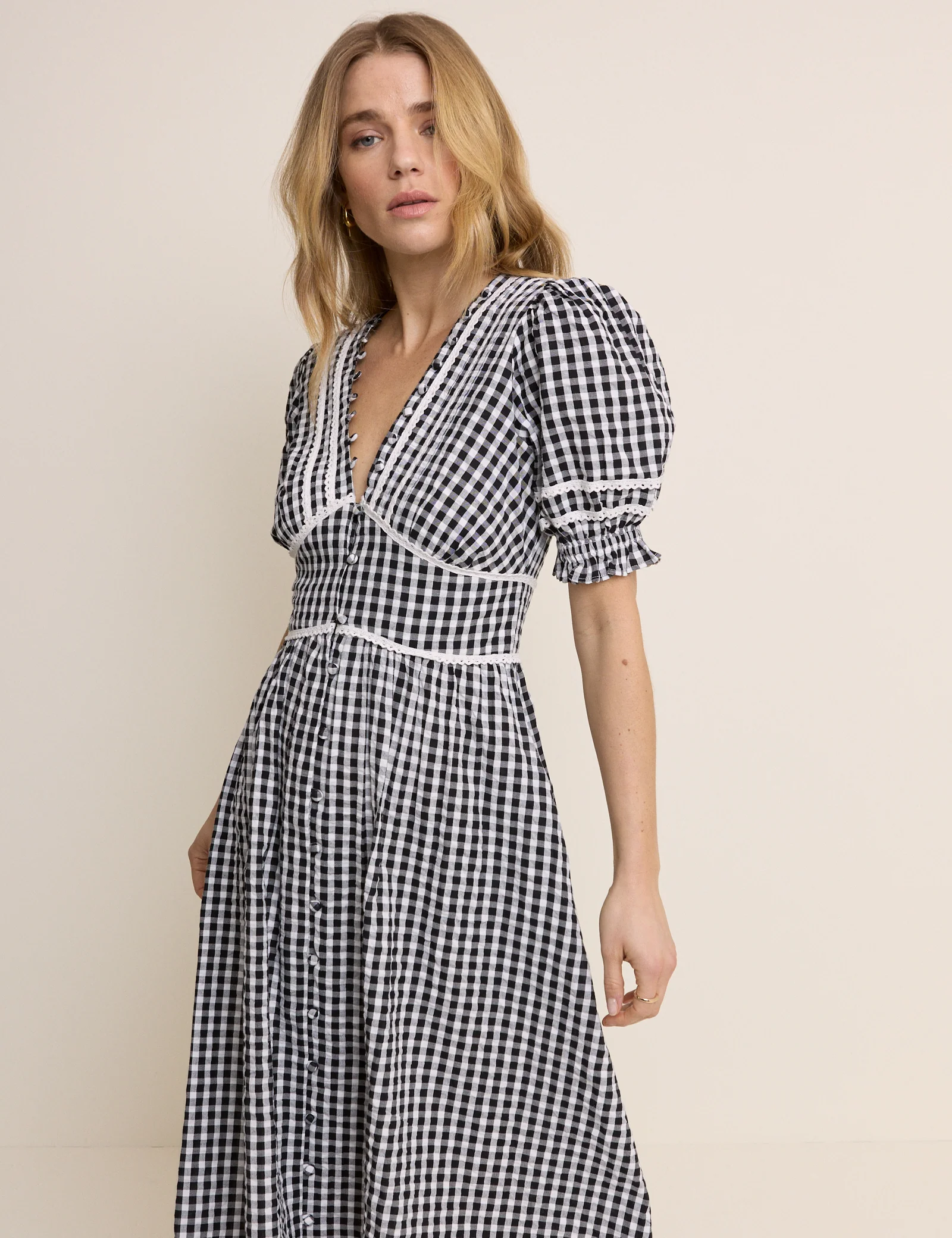Black Gingham Puff Sleeve Saffy Midi Dress