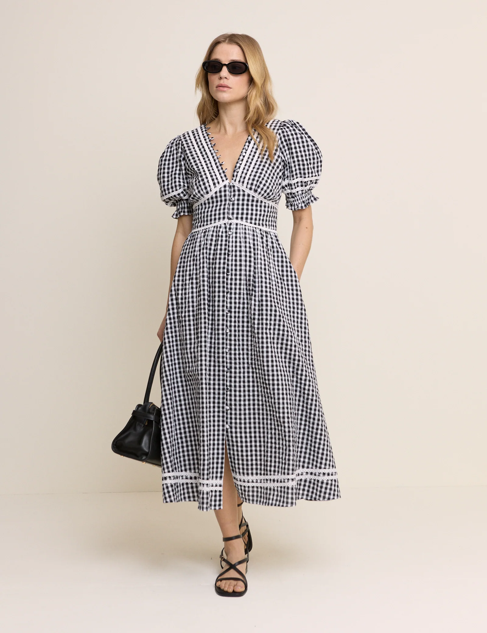 Black Gingham Puff Sleeve Saffy Midi Dress - Image 3
