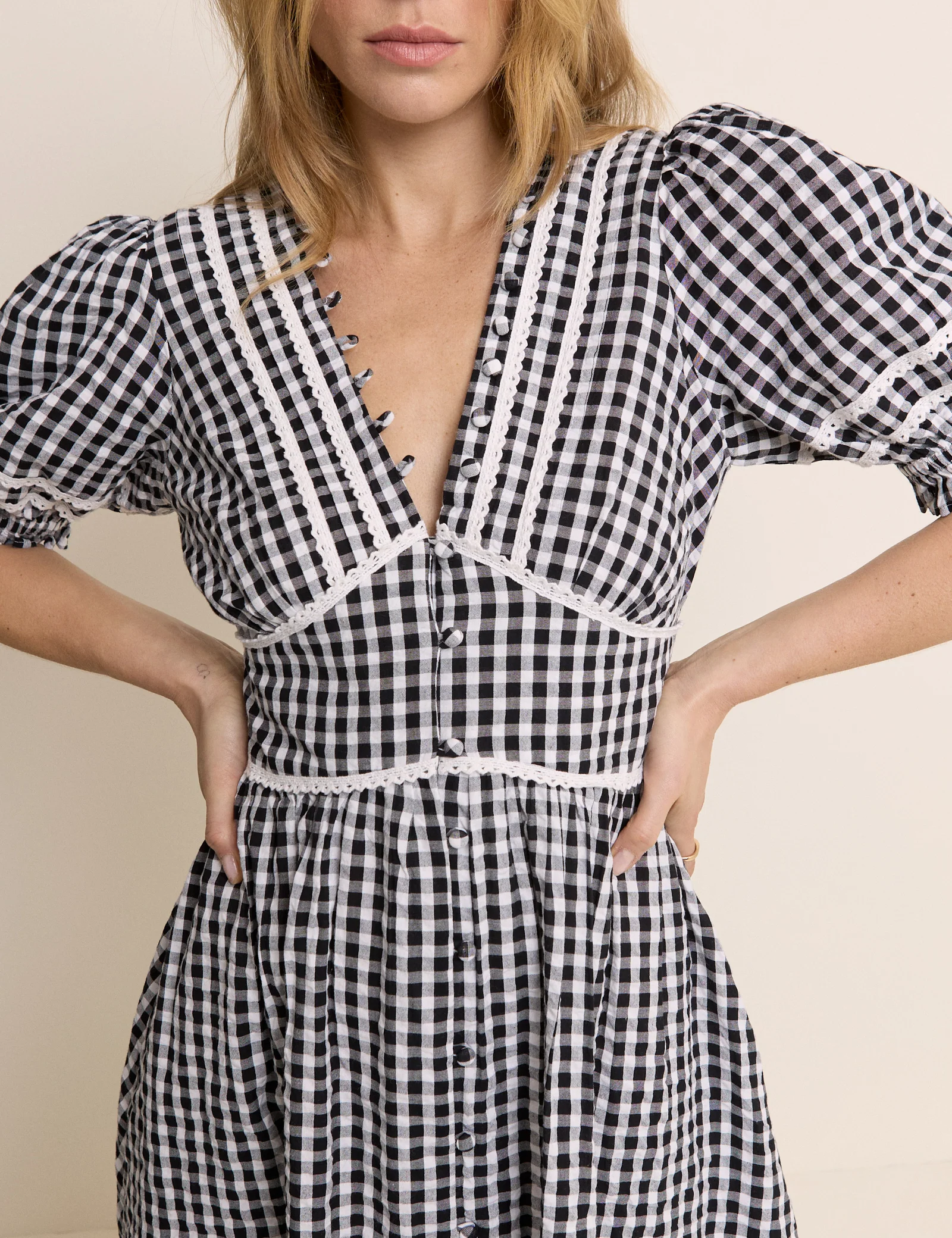 Black Gingham Puff Sleeve Saffy Midi Dress - Image 4