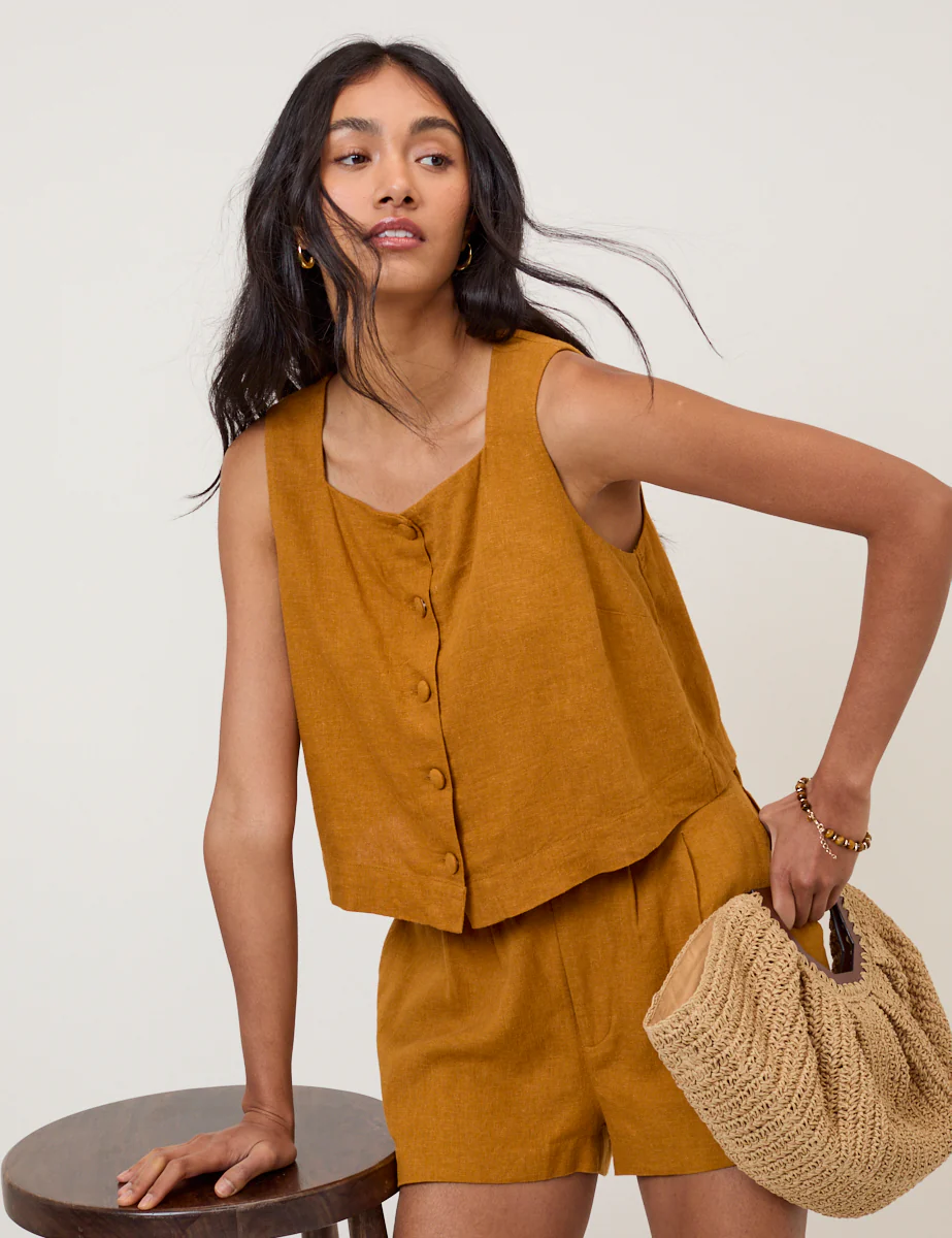 Orange Linen-Blend Button Front Top - Image 2
