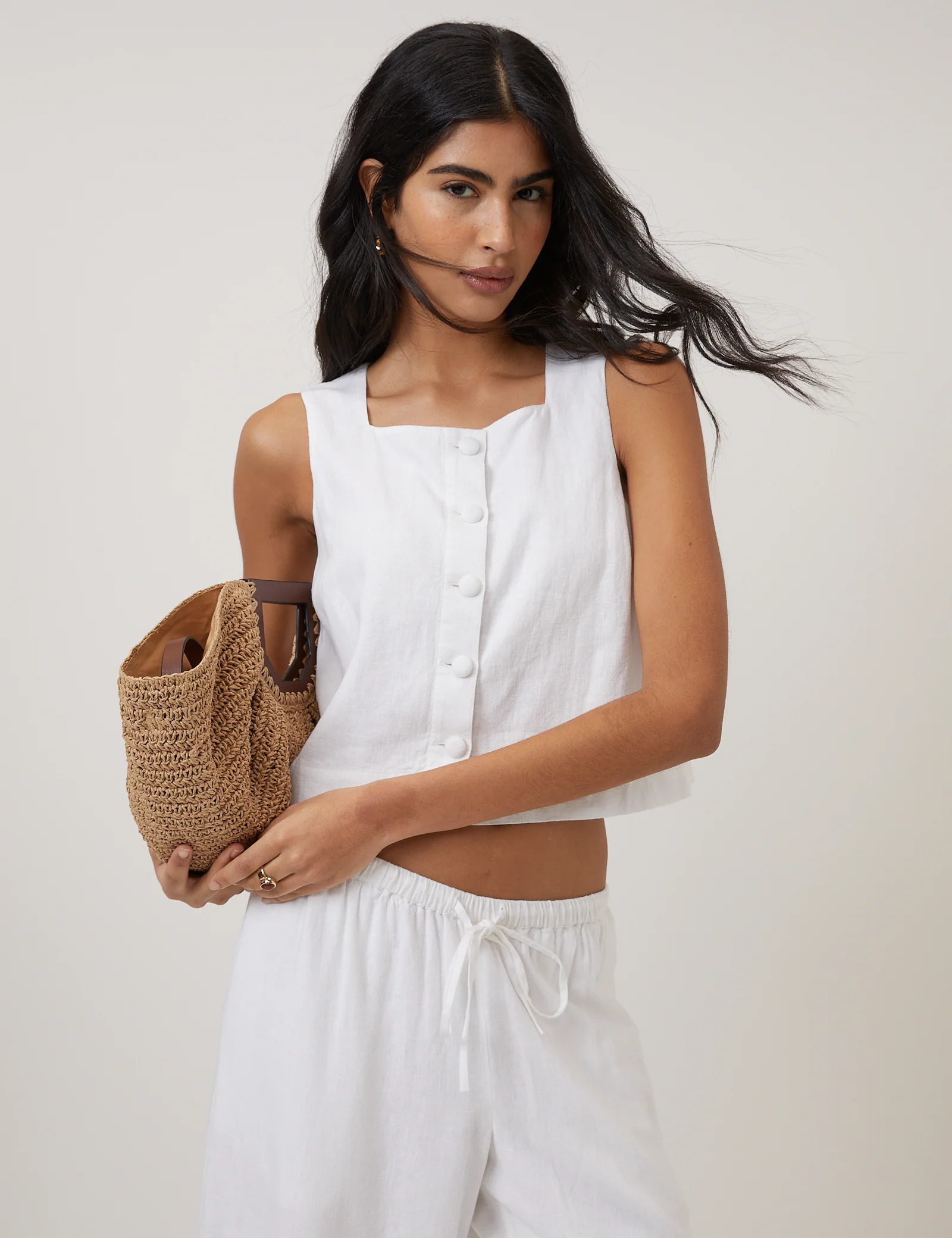 White Linen-Blend Button Front Top - Image 3