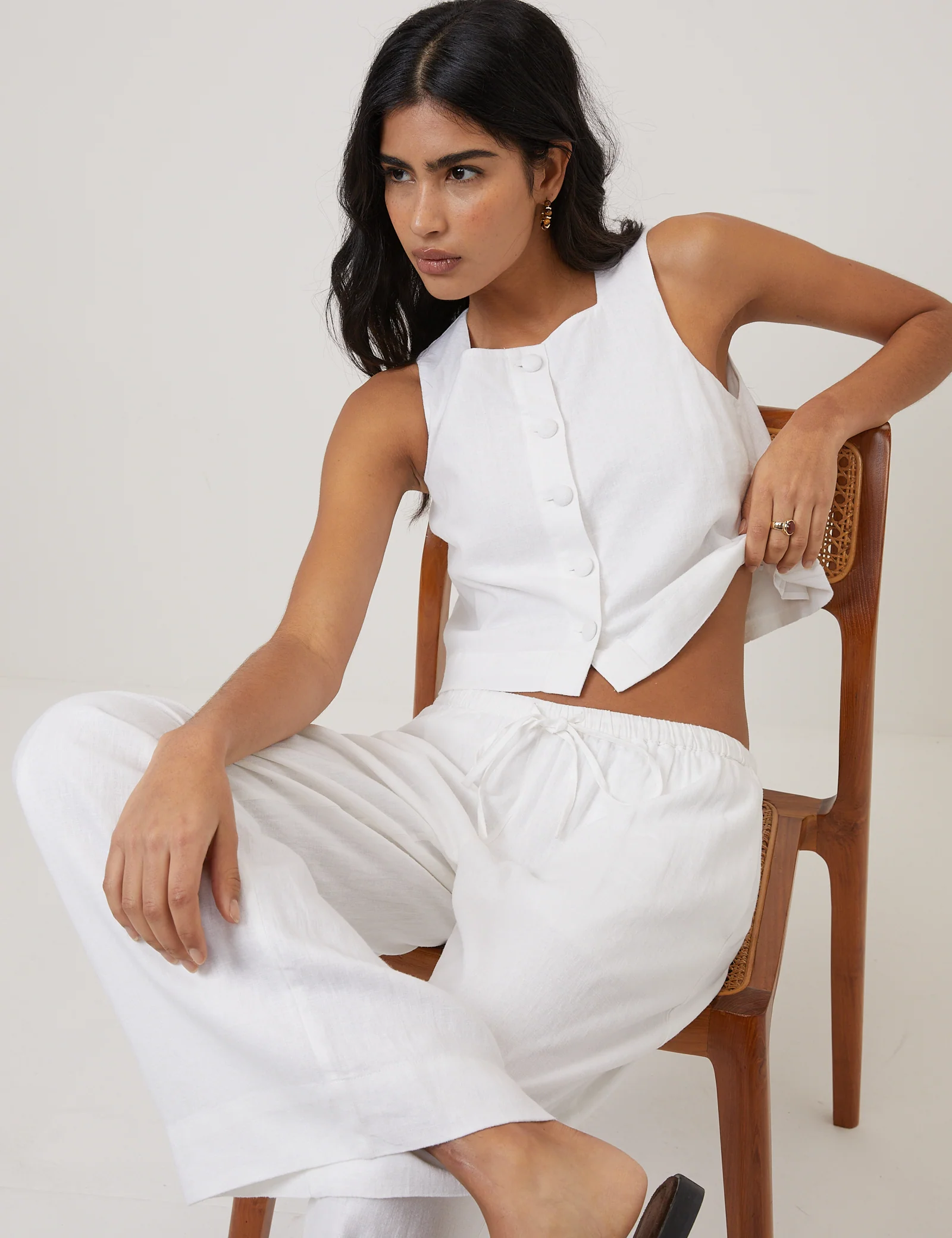 White Linen-Blend Button Front Top - Image 4