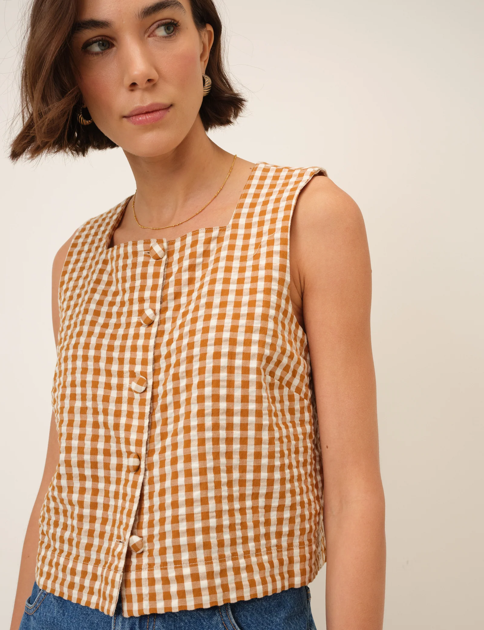 Orange Gingham Button Front Top - Image 2