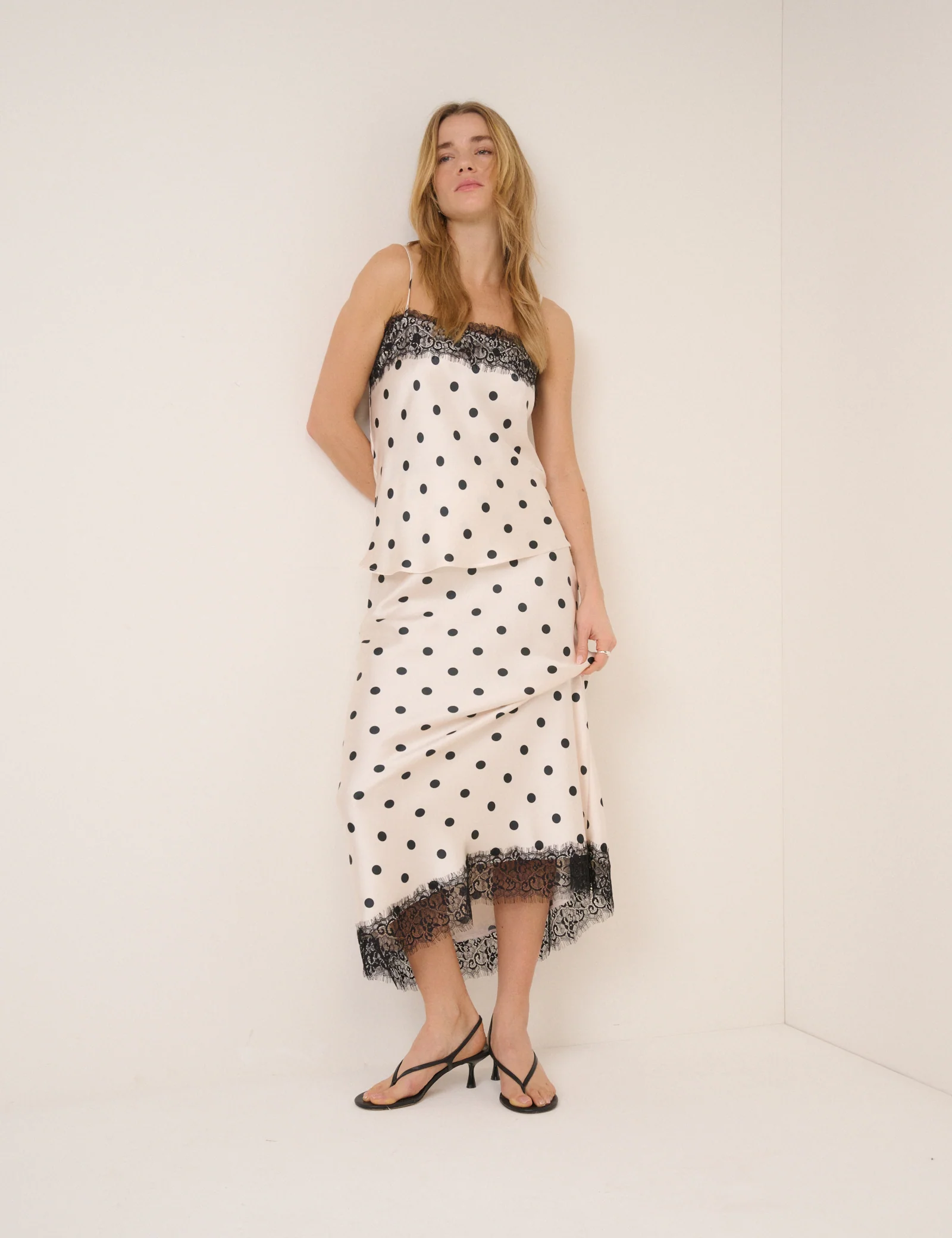 White Polka Dot Satin Lace Cami Top - Image 3